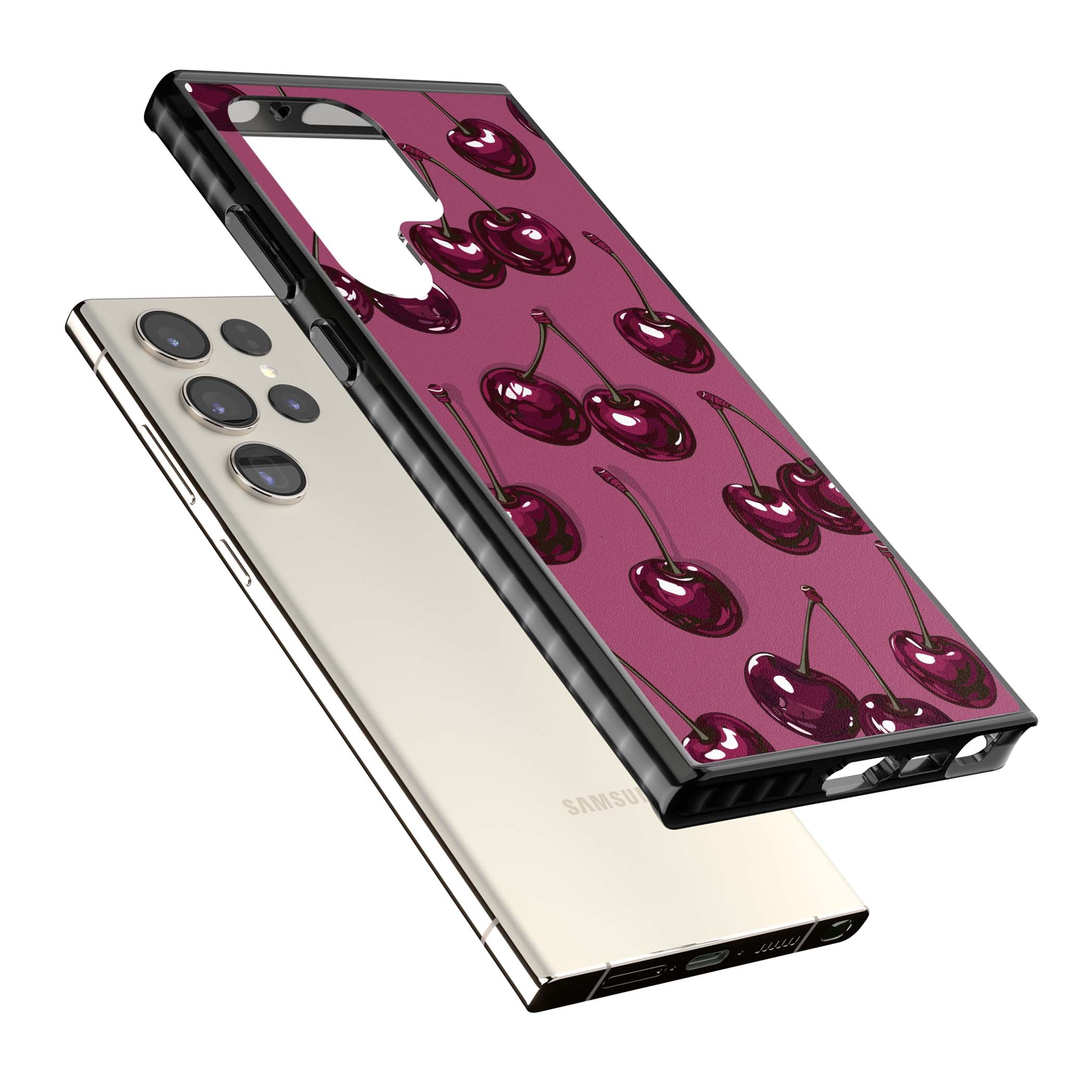 Cherry Soda coquette iPhone case featuring glossy burgundy cherries on a dusty pink background | Black Impact case for Samsung Galaxy S24 Ultra, Samsung Galaxy S23 Ultra, Samsung Galaxy S22 Ultra