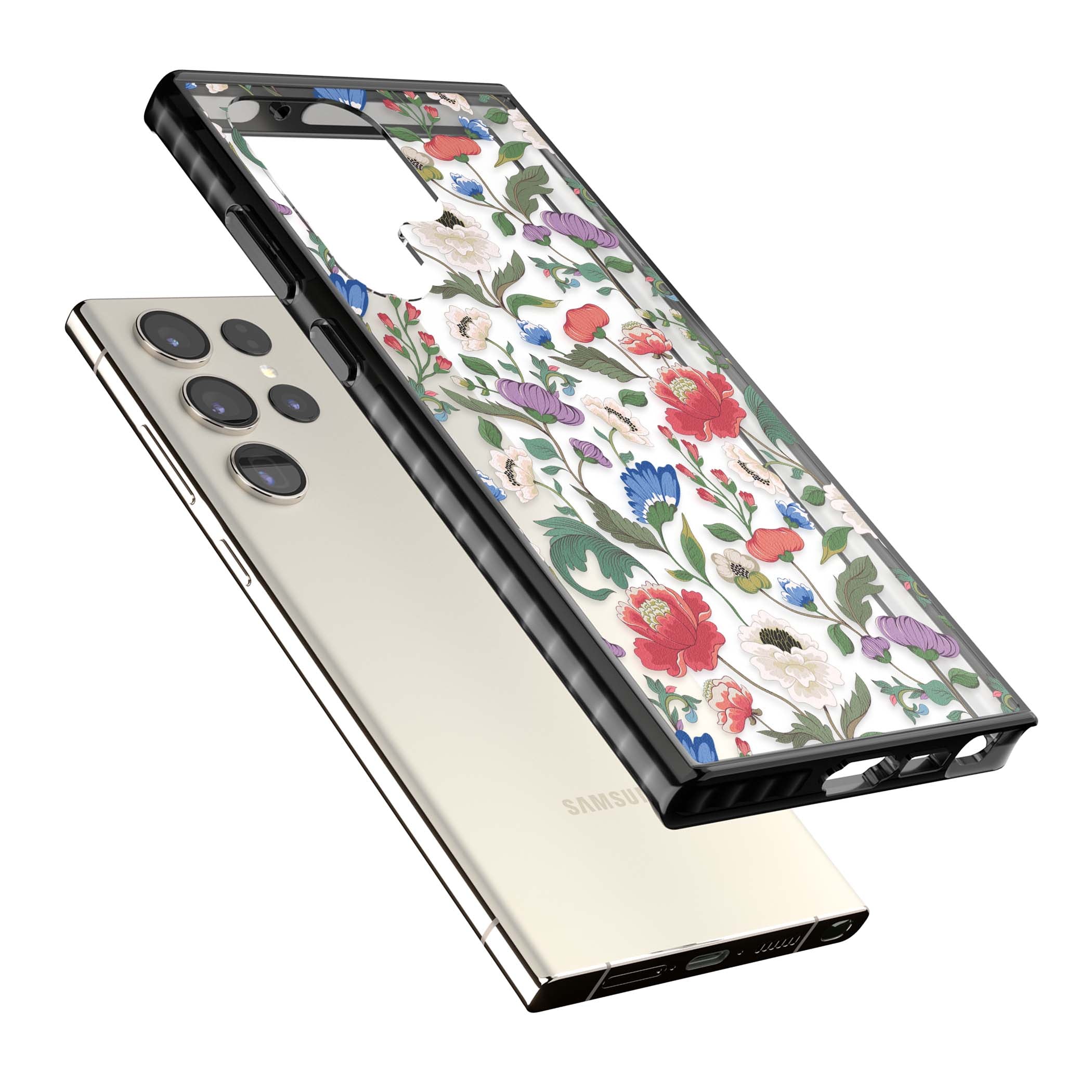 Chinoiserie Bloom vintage floral iPhone case featuring hand-painted peonies, poppies and trailing wildflowers on clear... | Black Impact case for Samsung Galaxy S24 Ultra, Samsung Galaxy S23 Ultra, Samsung Galaxy S22 Ultra