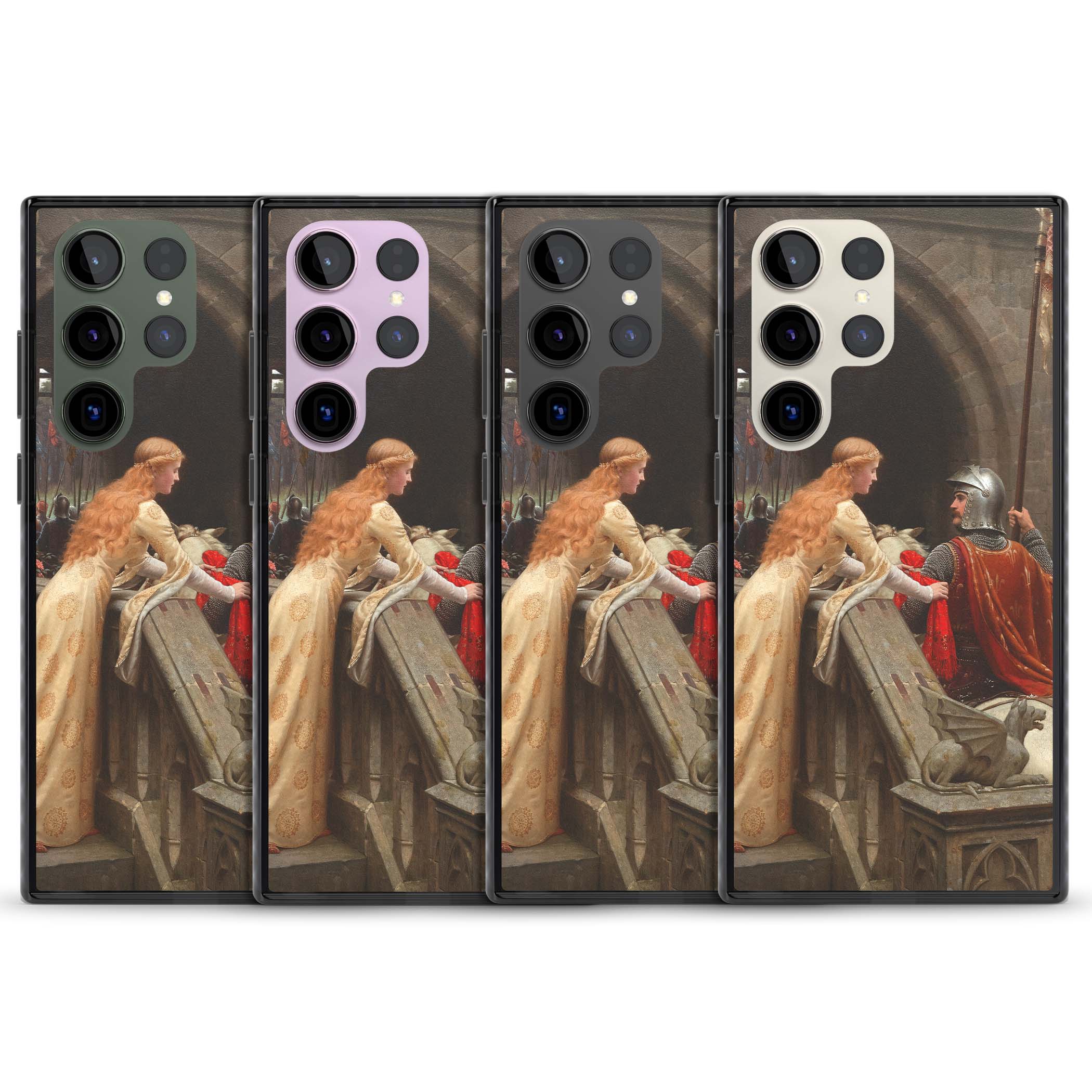 God Speed fine art iPhone case featuring Edmund Blair Leighton's medieval knight and lady beneath a stone archway | Black Impact case for Samsung Galaxy S24 Ultra, Samsung Galaxy S23 Ultra, Samsung Galaxy S22 Ultra