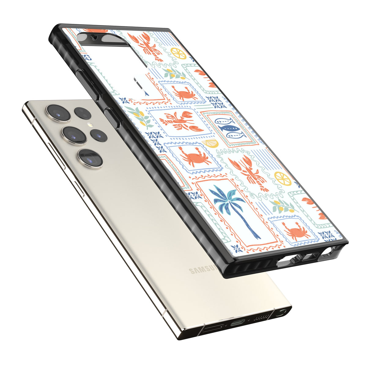 Seaside Stamps Samsung S22 Ultra / Samsung S23 Ultra / Samsung S24 Ultra Impact Black Phone Case angled