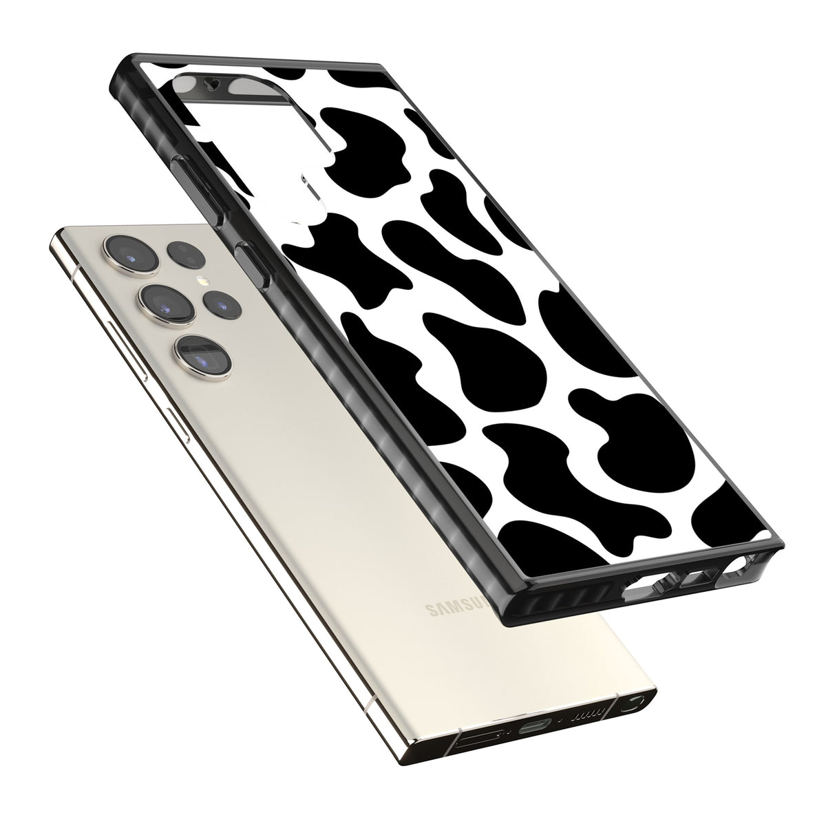 Cow Print Samsung S22 Ultra / Samsung S23 Ultra / Samsung S24 Ultra Impact Black Phone Case angled