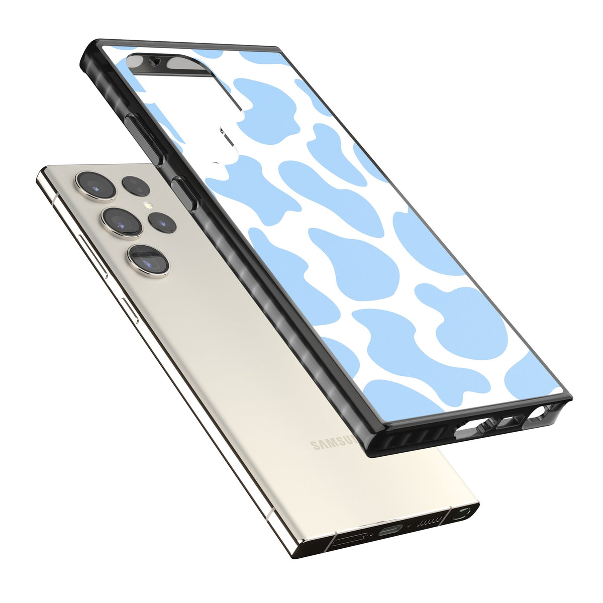 Blue And White Cow Print Samsung S22 Ultra / Samsung S23 Ultra / Samsung S24 Ultra Impact Black Phone Case angled