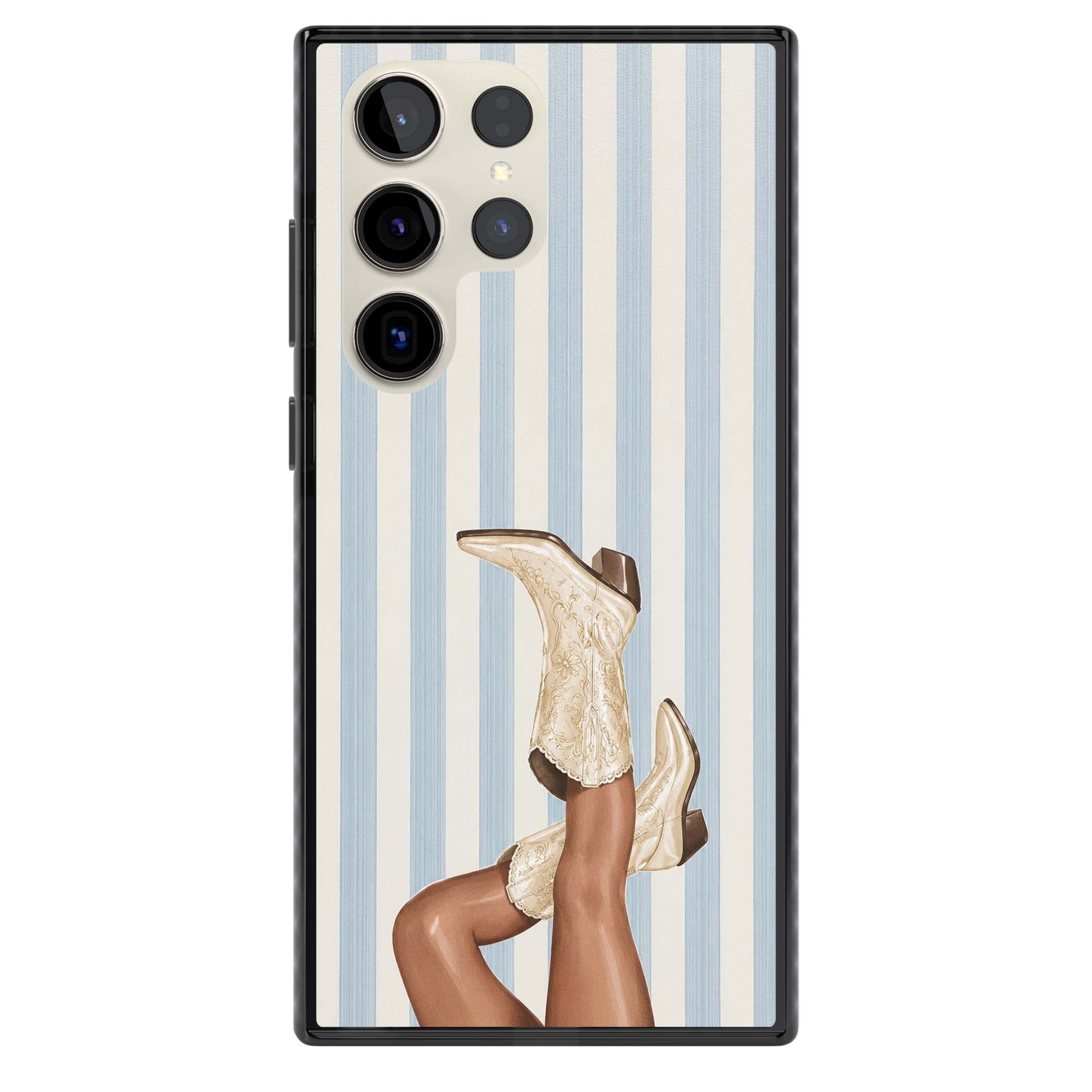 Cowgirl Boots coastal cowgirl iPhone case featuring embroidered western boots, tanned legs and a blue stripe backdrop | Black Impact case for Samsung Galaxy S24 Ultra, Samsung Galaxy S23 Ultra, Samsung Galaxy S22 Ultra