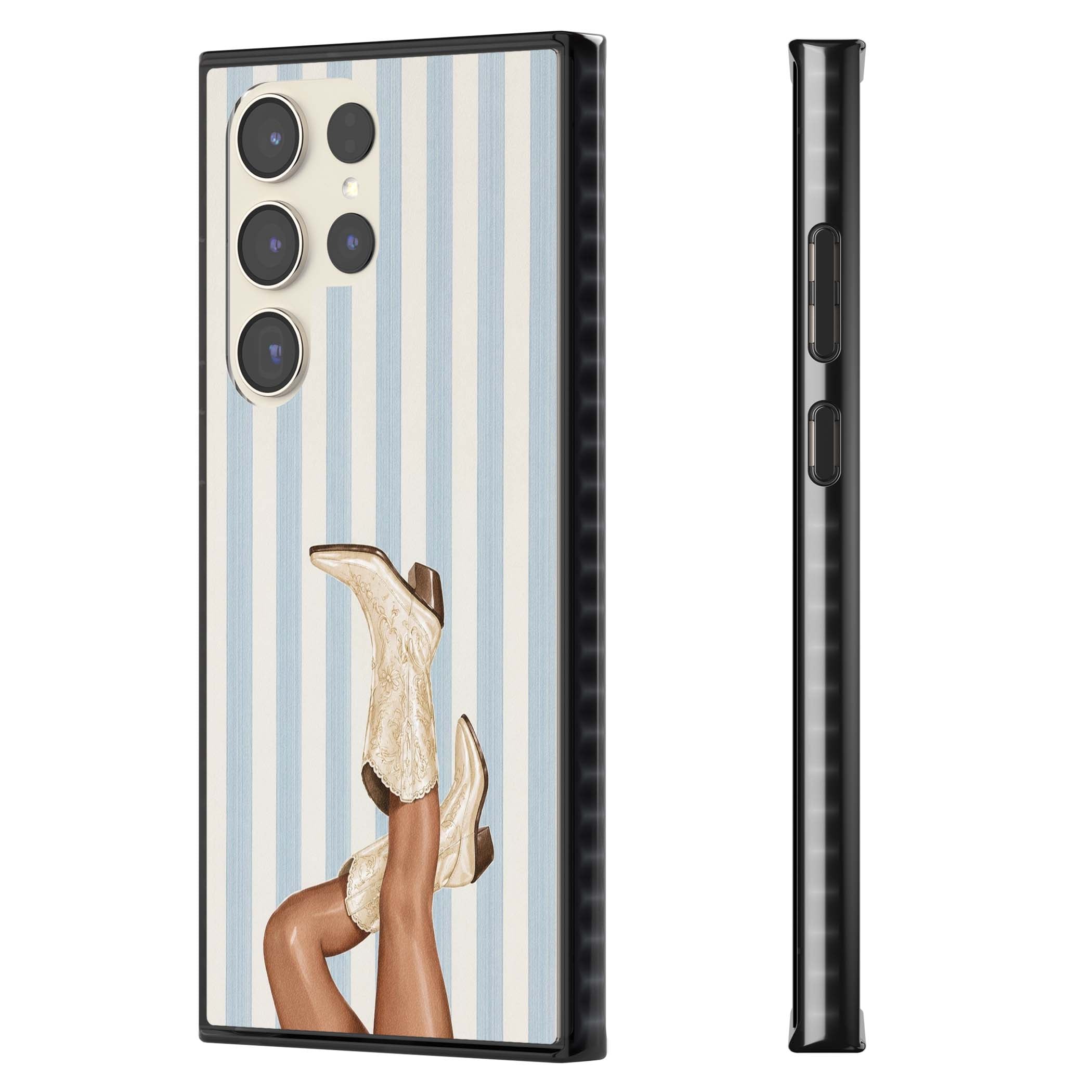Cowgirl Boots coastal cowgirl iPhone case featuring embroidered western boots, tanned legs and a blue stripe backdrop | Black Impact case for Samsung Galaxy S24 Ultra, Samsung Galaxy S23 Ultra, Samsung Galaxy S22 Ultra
