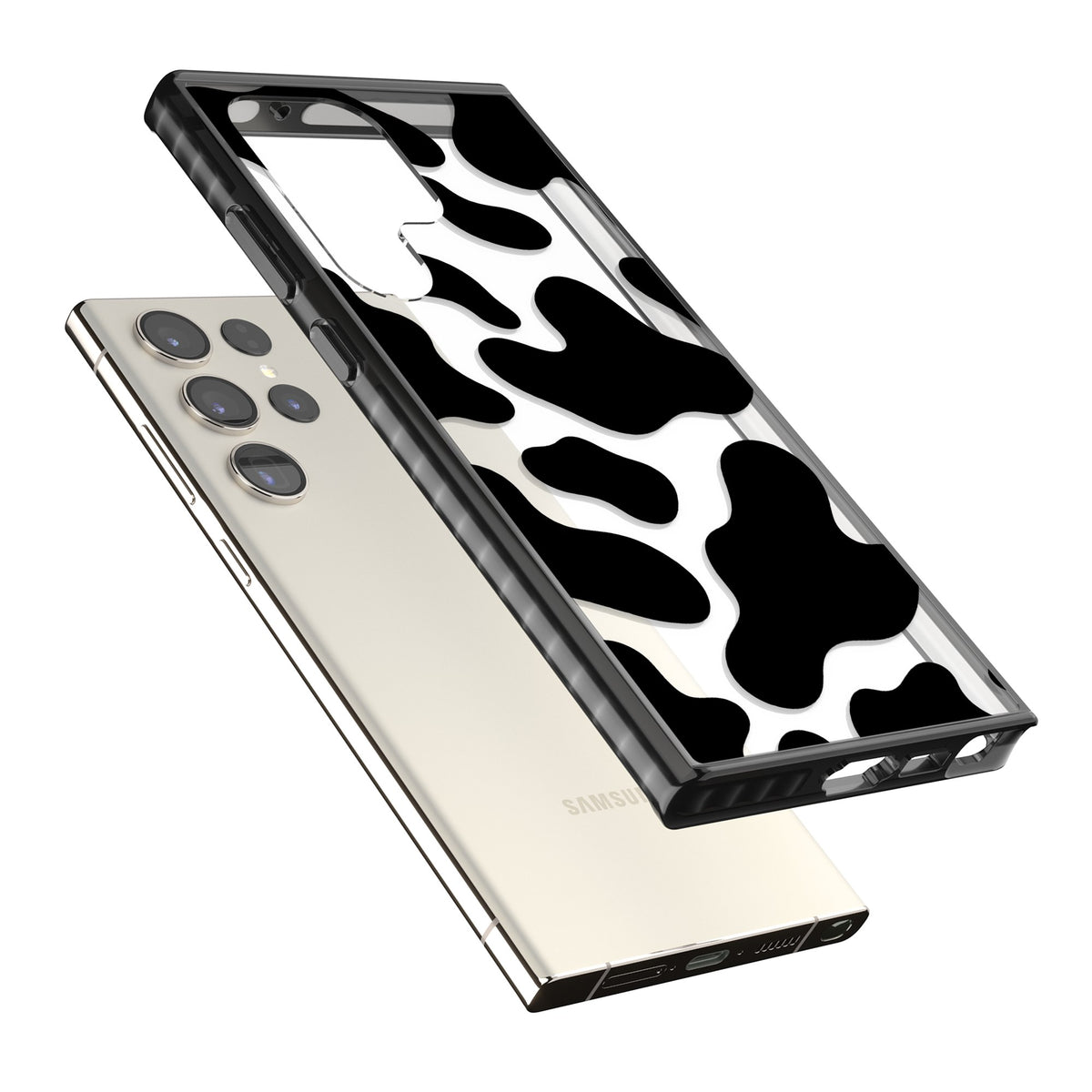 Clear Cow Print Samsung S22 Ultra / Samsung S23 Ultra / Samsung S24 Ultra Impact Black Phone Case angled