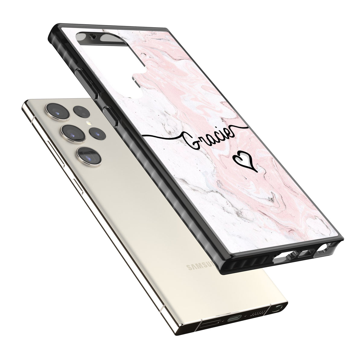 Personalised Pink Marble Samsung S22 Ultra / Samsung S23 Ultra / Samsung S24 Ultra Impact Black Phone Case angled