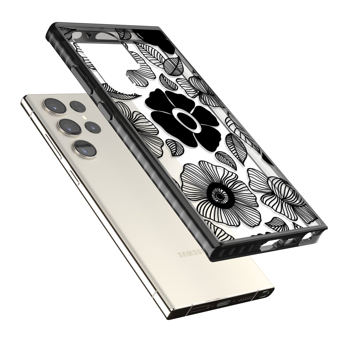 Ink Garden Samsung S22 Ultra / Samsung S23 Ultra / Samsung S24 Ultra Impact Black Phone Case angled