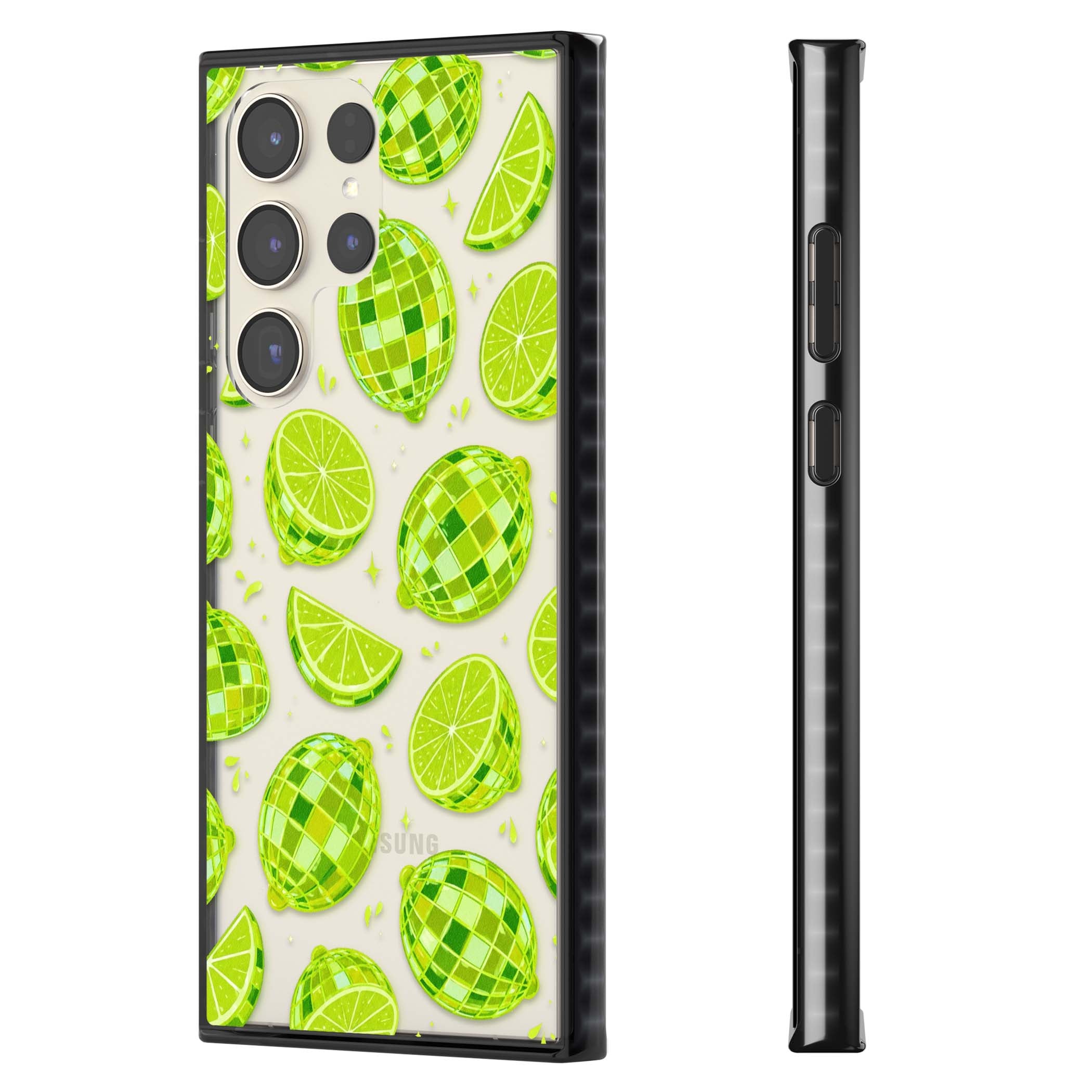 Disco Limes fruit aesthetic iPhone case featuring green disco balls, lime slices and citrus sparkles | Black Impact case for Samsung Galaxy S24 Ultra, Samsung Galaxy S23 Ultra, Samsung Galaxy S22 Ultra