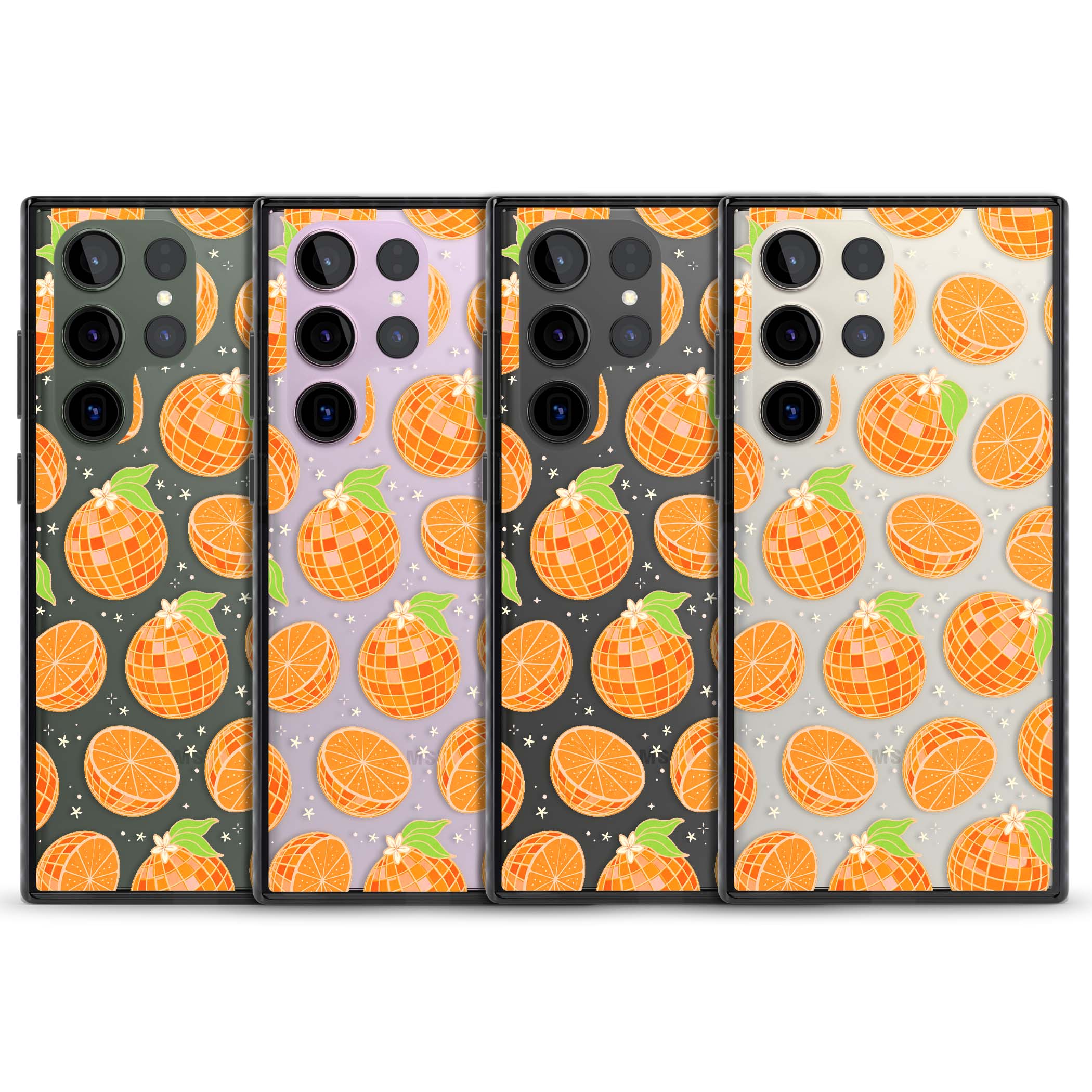 Disco Oranges retro iPhone case featuring mirrorball oranges, citrus slices and tiny blossoms on clear | Black Impact case for Samsung Galaxy S24 Ultra, Samsung Galaxy S23 Ultra, Samsung Galaxy S22 Ultra