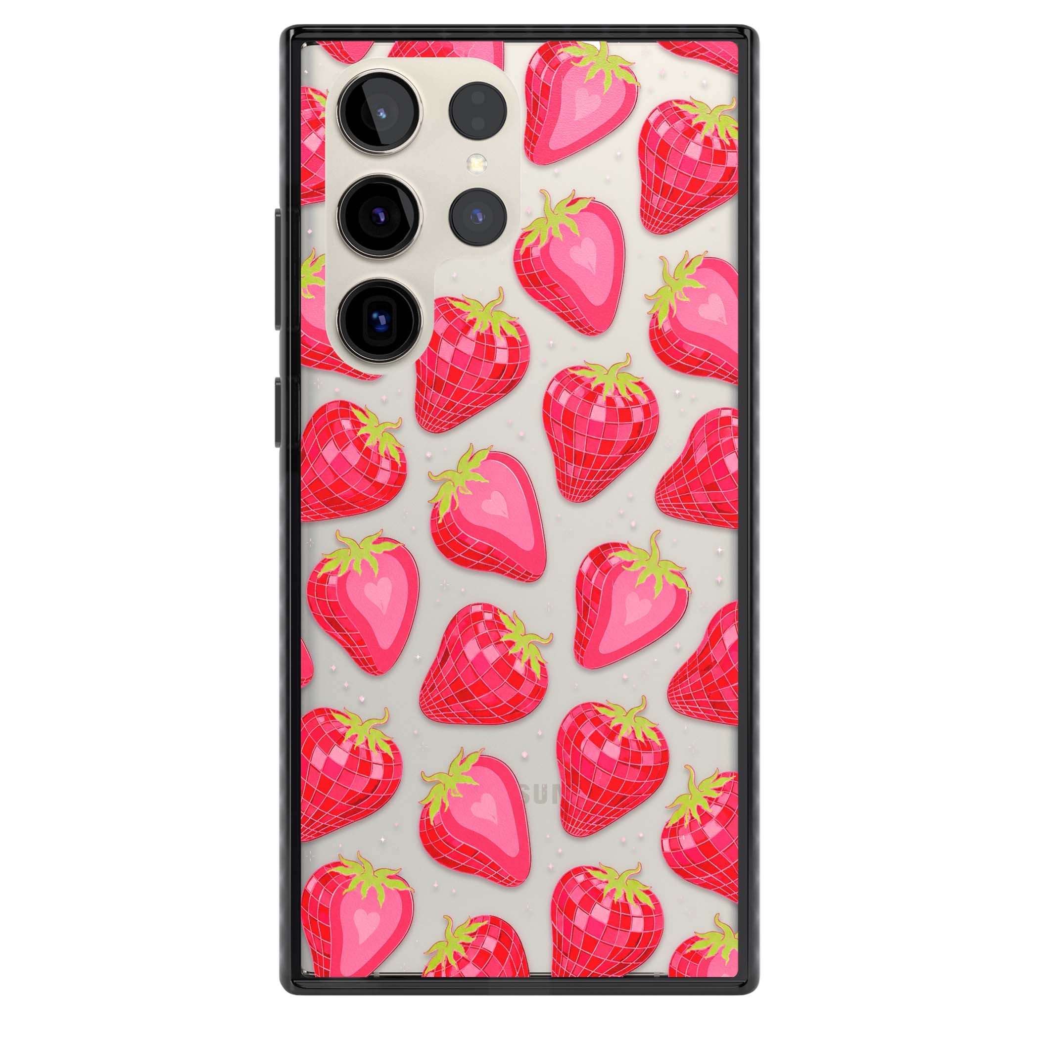 Disco Strawberry Y2K iPhone case featuring pink disco-ball strawberries, green leaves and tiny sparkles | Black Impact case for Samsung Galaxy S24 Ultra, Samsung Galaxy S23 Ultra, Samsung Galaxy S22 Ultra