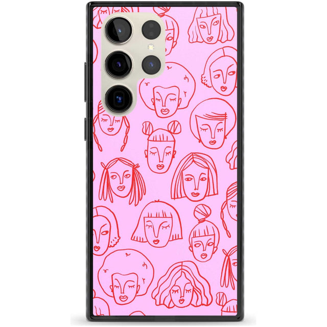 Girl Portrait Doodles in Pink & Red Phone Case Samsung S22 Ultra / Black Impact Case,Samsung S23 Ultra / Black Impact Case Blanc Space