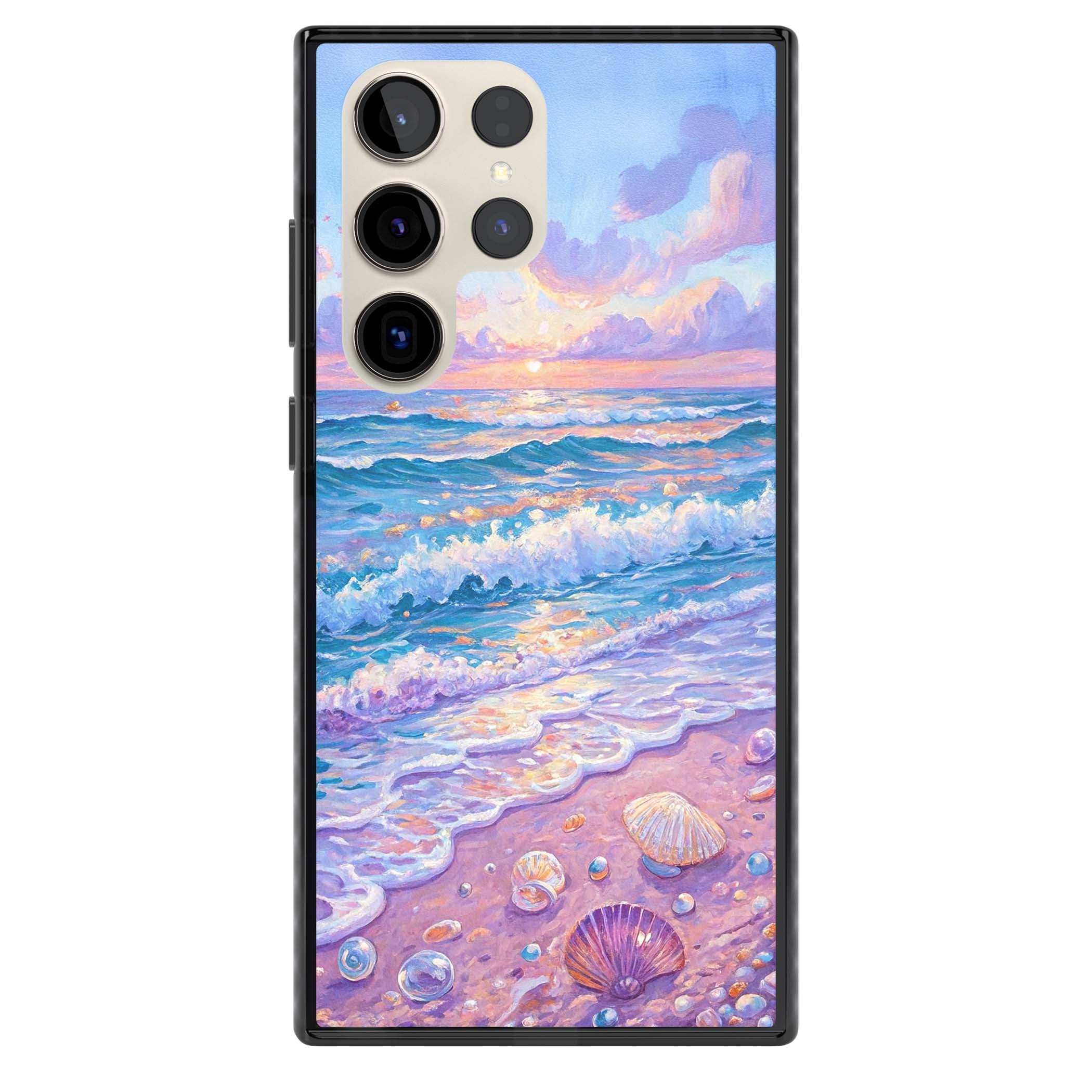 Pearl Shore coastal iPhone case featuring pastel painted waves, seashells, and a sunrise sky over a lavender beach. | Black Impact case for Samsung Galaxy S24 Ultra, Samsung Galaxy S23 Ultra, Samsung Galaxy S22 Ultra