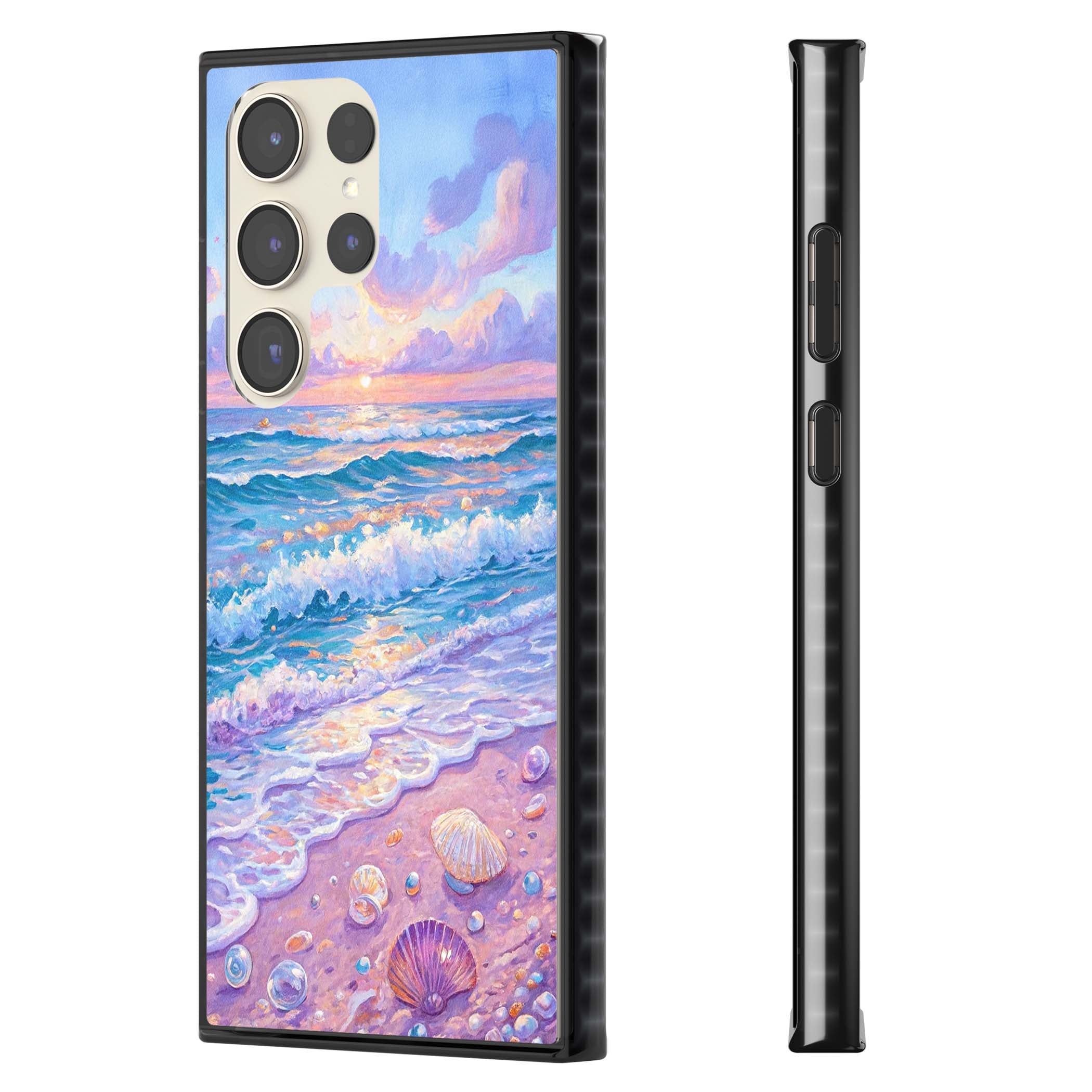 Pearl Shore coastal iPhone case featuring pastel painted waves, seashells, and a sunrise sky over a lavender beach. | Black Impact case for Samsung Galaxy S24 Ultra, Samsung Galaxy S23 Ultra, Samsung Galaxy S22 Ultra