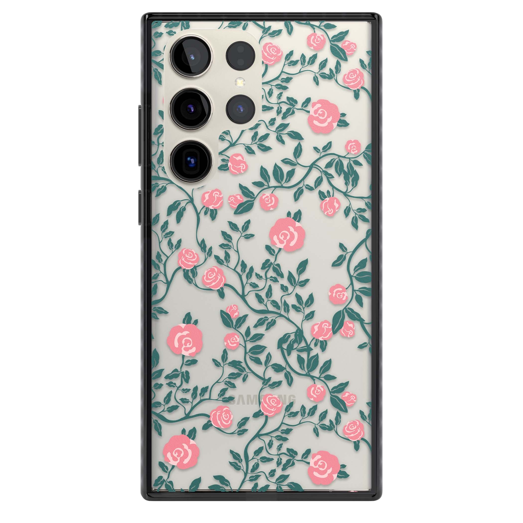 Rose Trellis (Clear) cottagecore iPhone case featuring pink climbing roses and green leaves on clear background | Black Impact case for Samsung Galaxy S24 Ultra, Samsung Galaxy S23 Ultra, Samsung Galaxy S22 Ultra