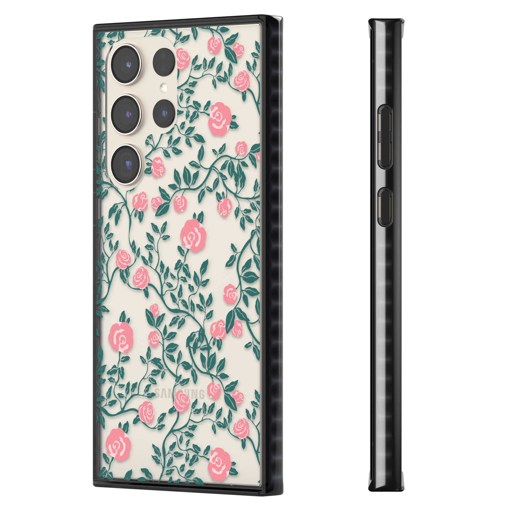 Rose Trellis (Clear) cottagecore iPhone case featuring pink climbing roses and green leaves on clear background | Black Impact case for Samsung Galaxy S24 Ultra, Samsung Galaxy S23 Ultra, Samsung Galaxy S22 Ultra