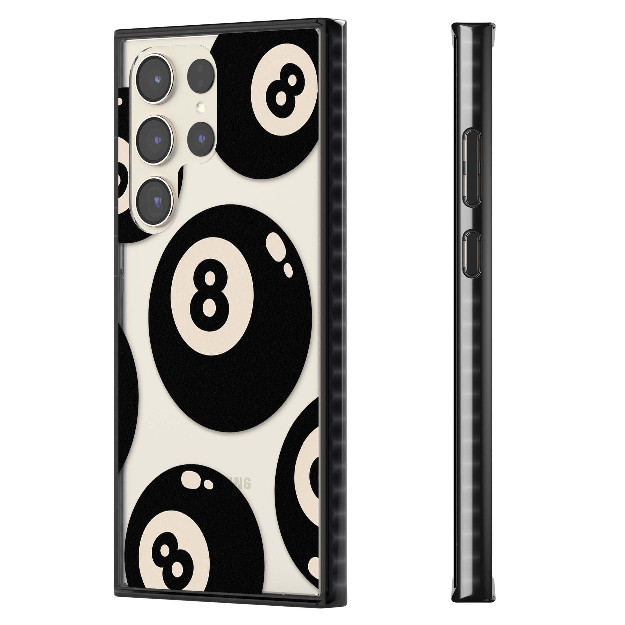 Eights y2k iPhone case featuring scattered black 8 balls with cream highlights on a clear background | Black Impact case for Samsung Galaxy S24 Ultra, Samsung Galaxy S23 Ultra, Samsung Galaxy S22 Ultra