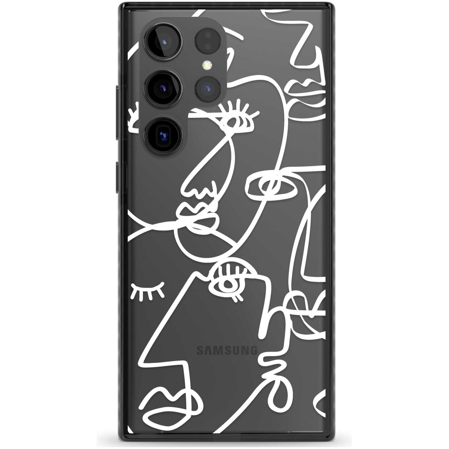 Abstract Continuous Line Faces White on Clear Phone Case Samsung S22 Ultra / Black Impact Case,Samsung S23 Ultra / Black Impact Case Blanc Space