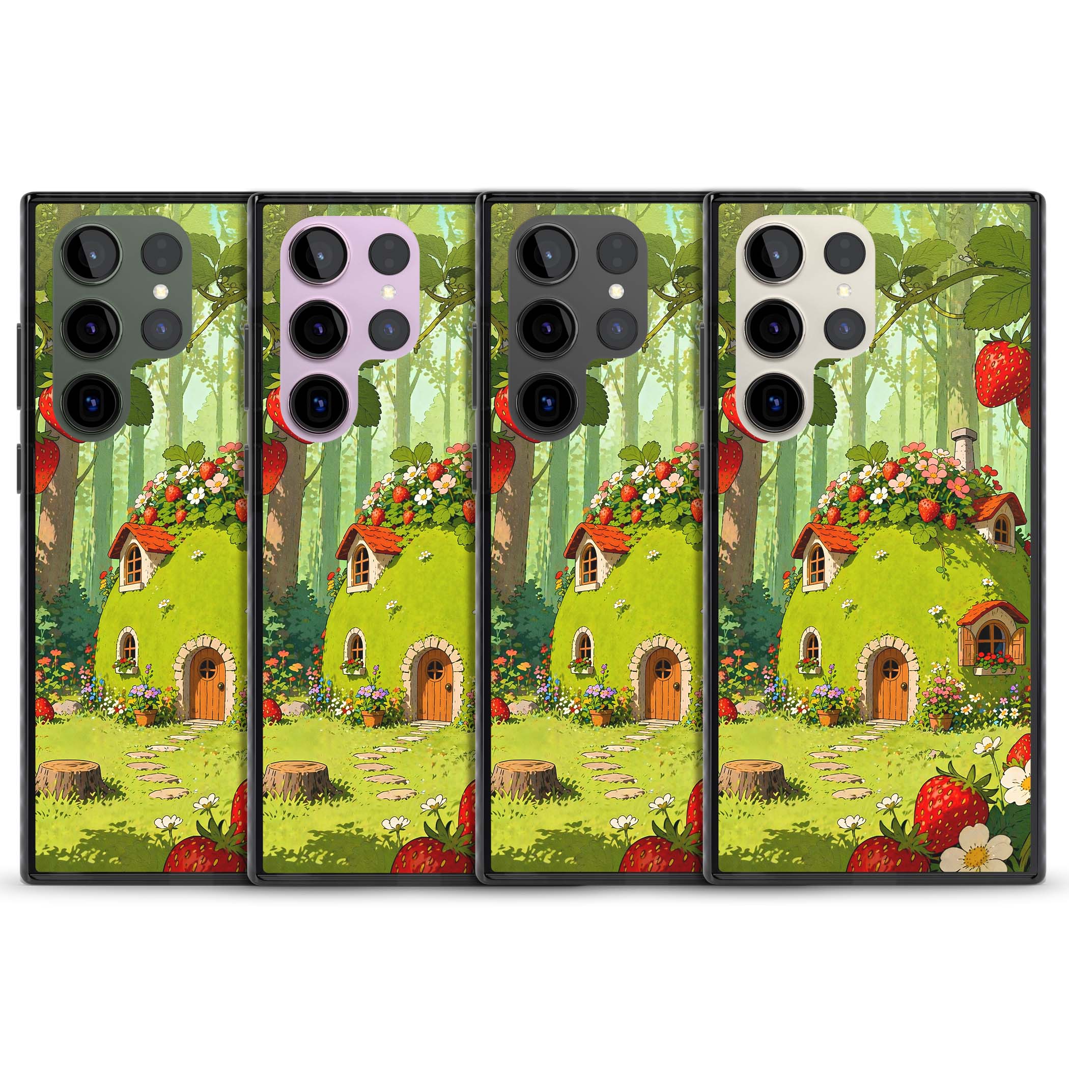 Strawberry Cottage cottagecore iPhone case featuring a green fairy house, wild strawberries and enchanted forest flowers | Black Impact case for Samsung Galaxy S24 Ultra, Samsung Galaxy S23 Ultra, Samsung Galaxy S22 Ultra
