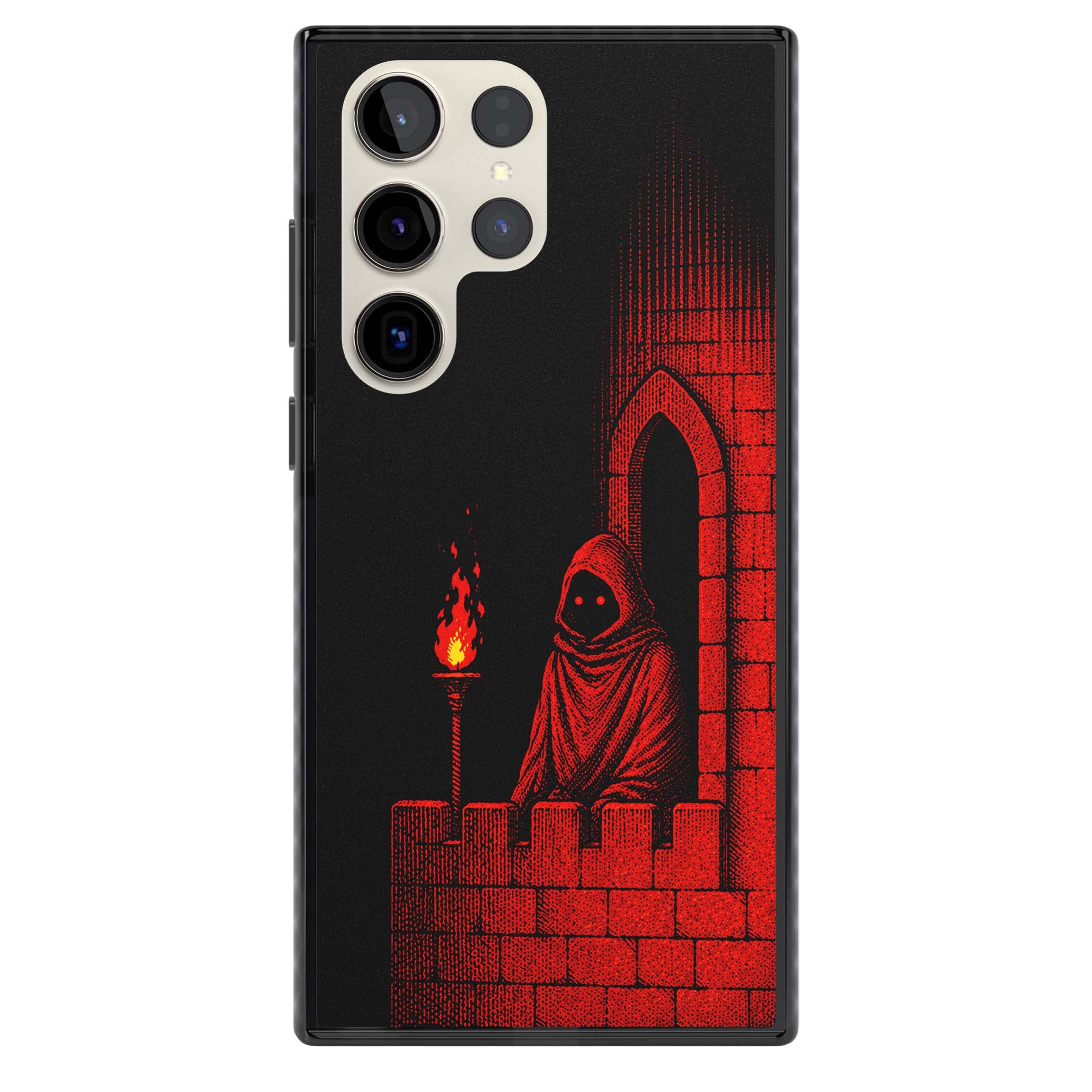 Crimson Crypt gothic iPhone case featuring a hooded reaper, torchlit crypt archway and red halftone horror art | Black Impact case for Samsung Galaxy S24 Ultra, Samsung Galaxy S23 Ultra, Samsung Galaxy S22 Ultra