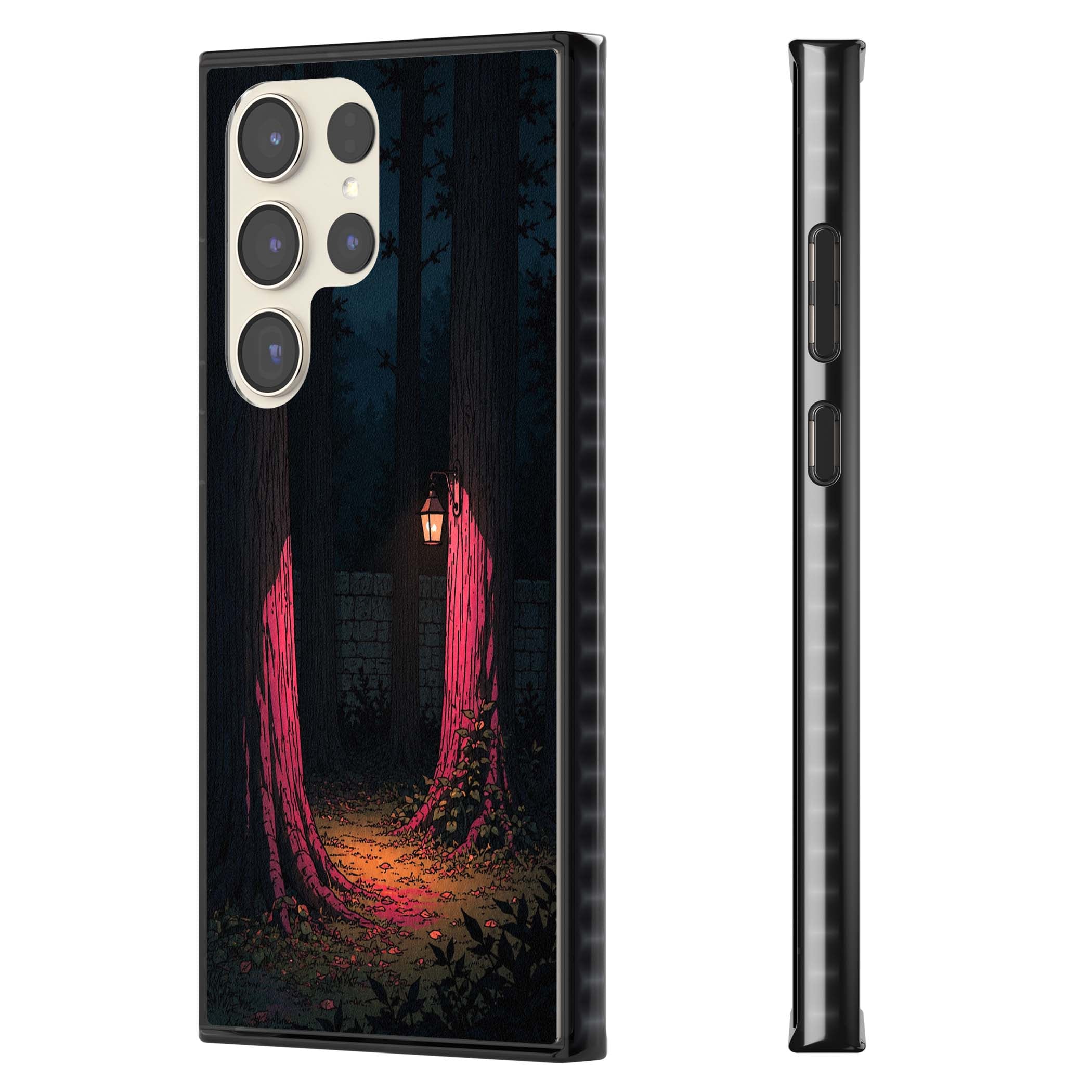 Forest Lantern dark academia iPhone case featuring a moonlit forest, glowing lantern, and stone wall pathway | Black Impact case for Samsung Galaxy S24 Ultra, Samsung Galaxy S23 Ultra, Samsung Galaxy S22 Ultra
