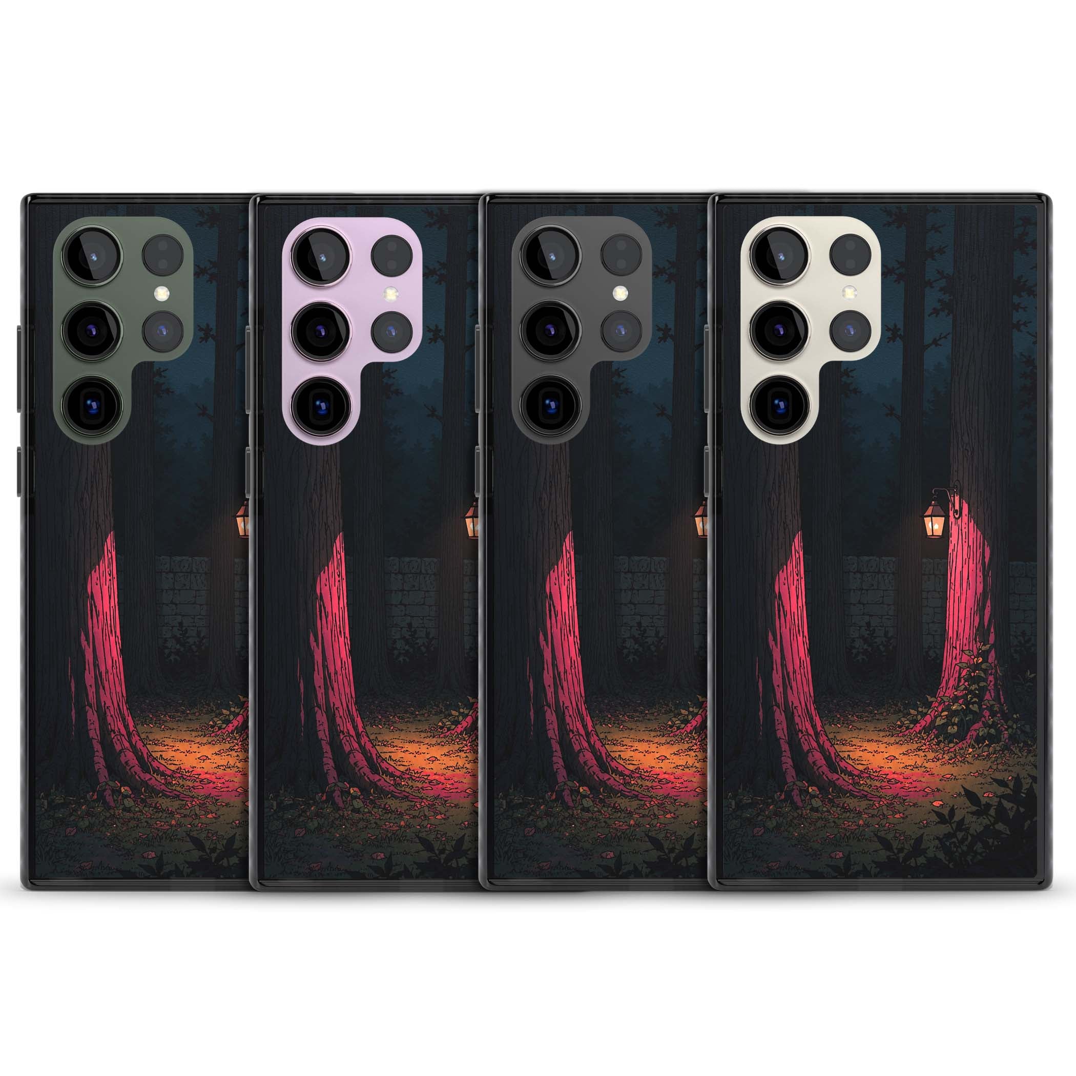Forest Lantern dark academia iPhone case featuring a moonlit forest, glowing lantern, and stone wall pathway | Black Impact case for Samsung Galaxy S24 Ultra, Samsung Galaxy S23 Ultra, Samsung Galaxy S22 Ultra