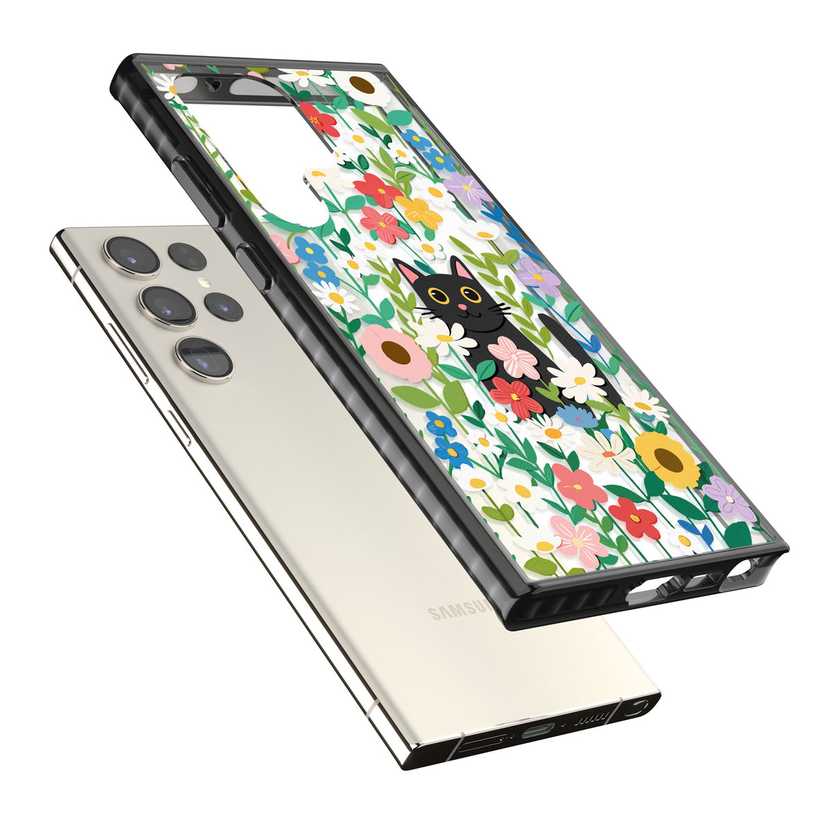 Whiskers & Wildflowers Samsung S22 Ultra / Samsung S23 Ultra / Samsung S24 Ultra Impact Black Phone Case angled
