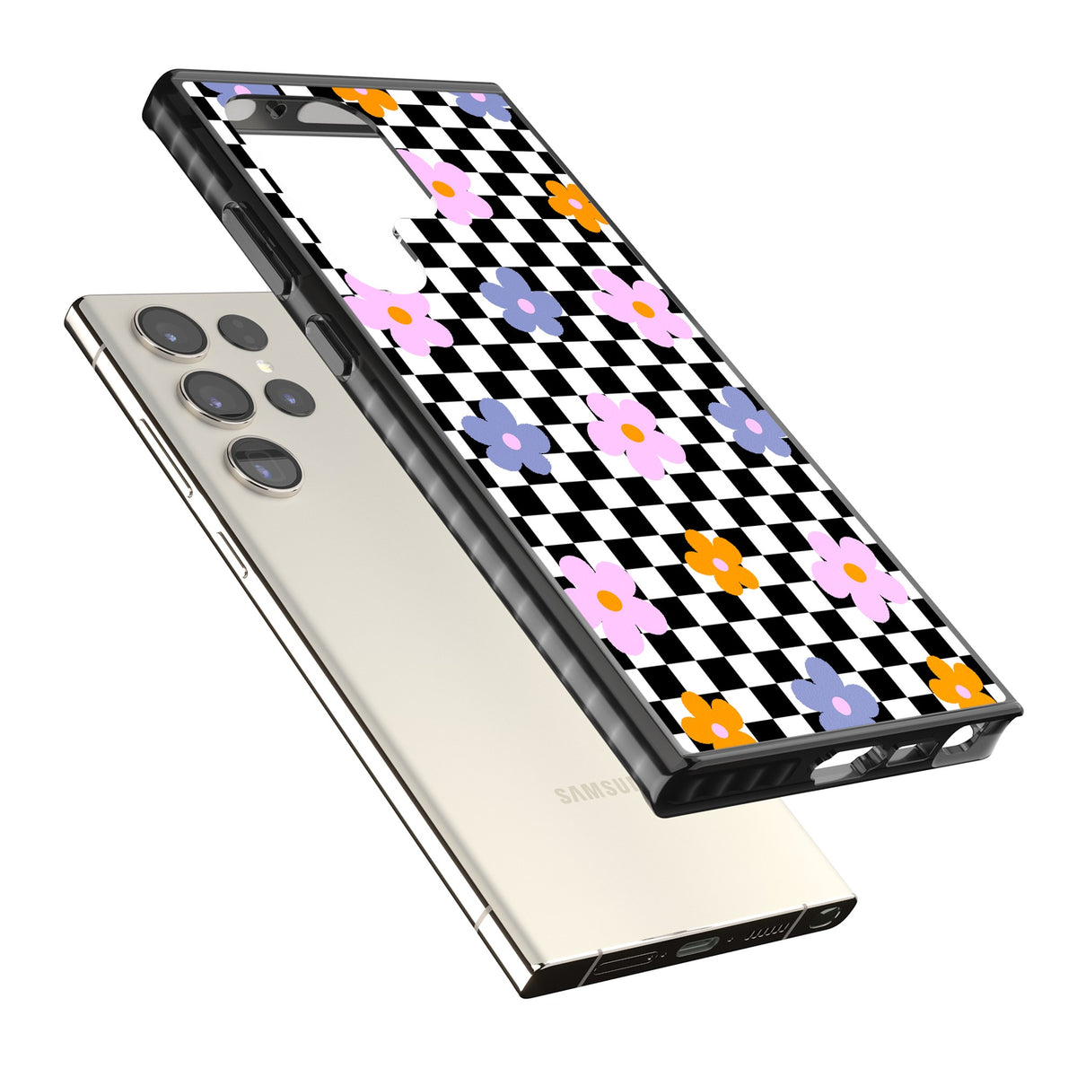 Checkered Blossom Samsung S22 Ultra / Samsung S23 Ultra / Samsung S24 Ultra Impact Black Phone Case angled