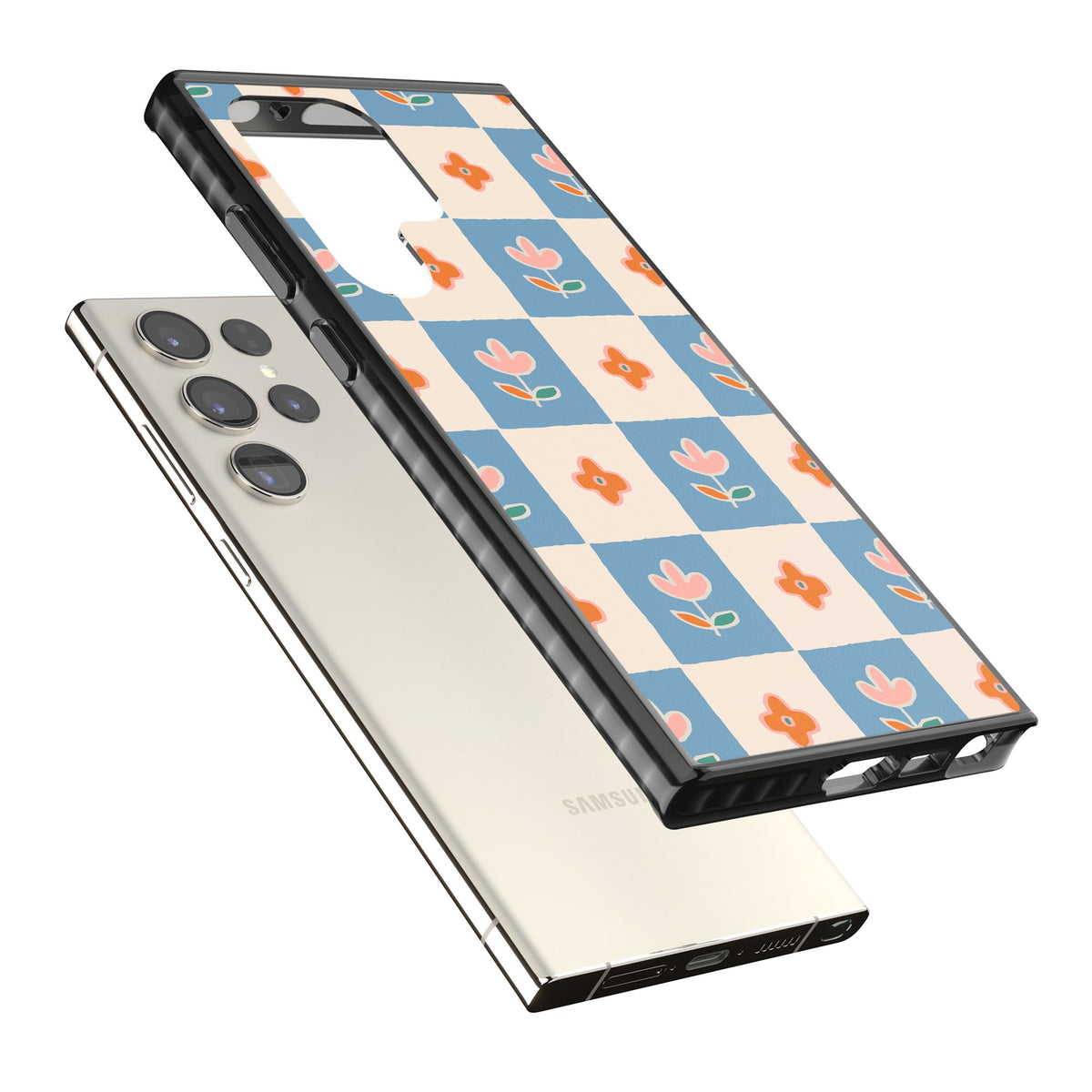 Vintage Bloom Checkered Samsung S22 Ultra / Samsung S23 Ultra / Samsung S24 Ultra Impact Black Phone Case angled