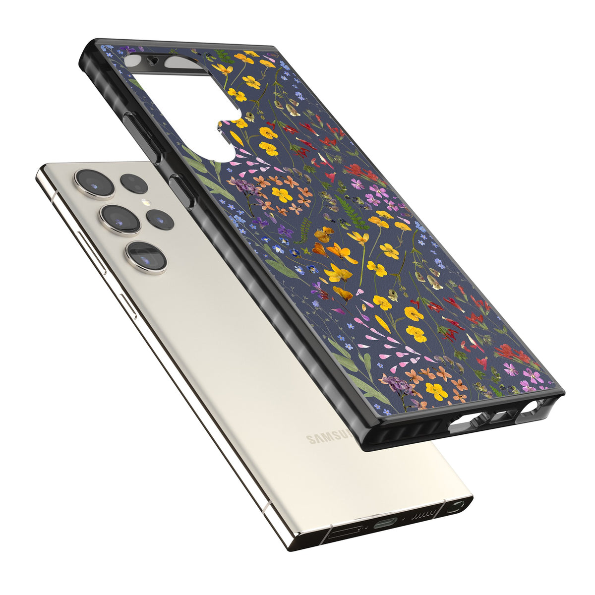 Wildflowers & Leaves In Navy Samsung S22 Ultra / Samsung S23 Ultra / Samsung S24 Ultra Impact Black Phone Case angled