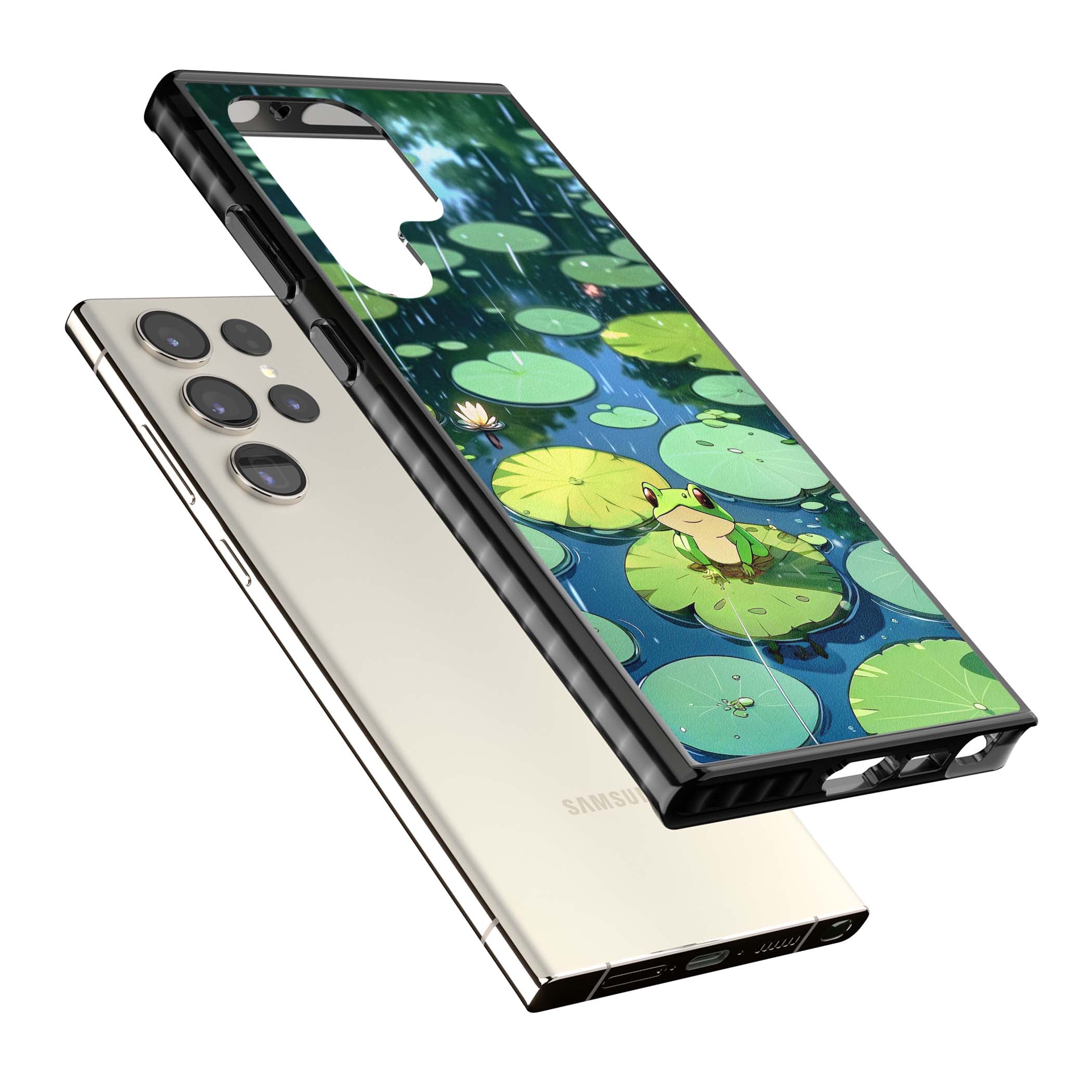 Frog In Lily Pond cottagecore iPhone case featuring a cute green frog on a lily pad with falling rain and a lotus flower | Black Impact case for Samsung Galaxy S24 Ultra, Samsung Galaxy S23 Ultra, Samsung Galaxy S22 Ultra