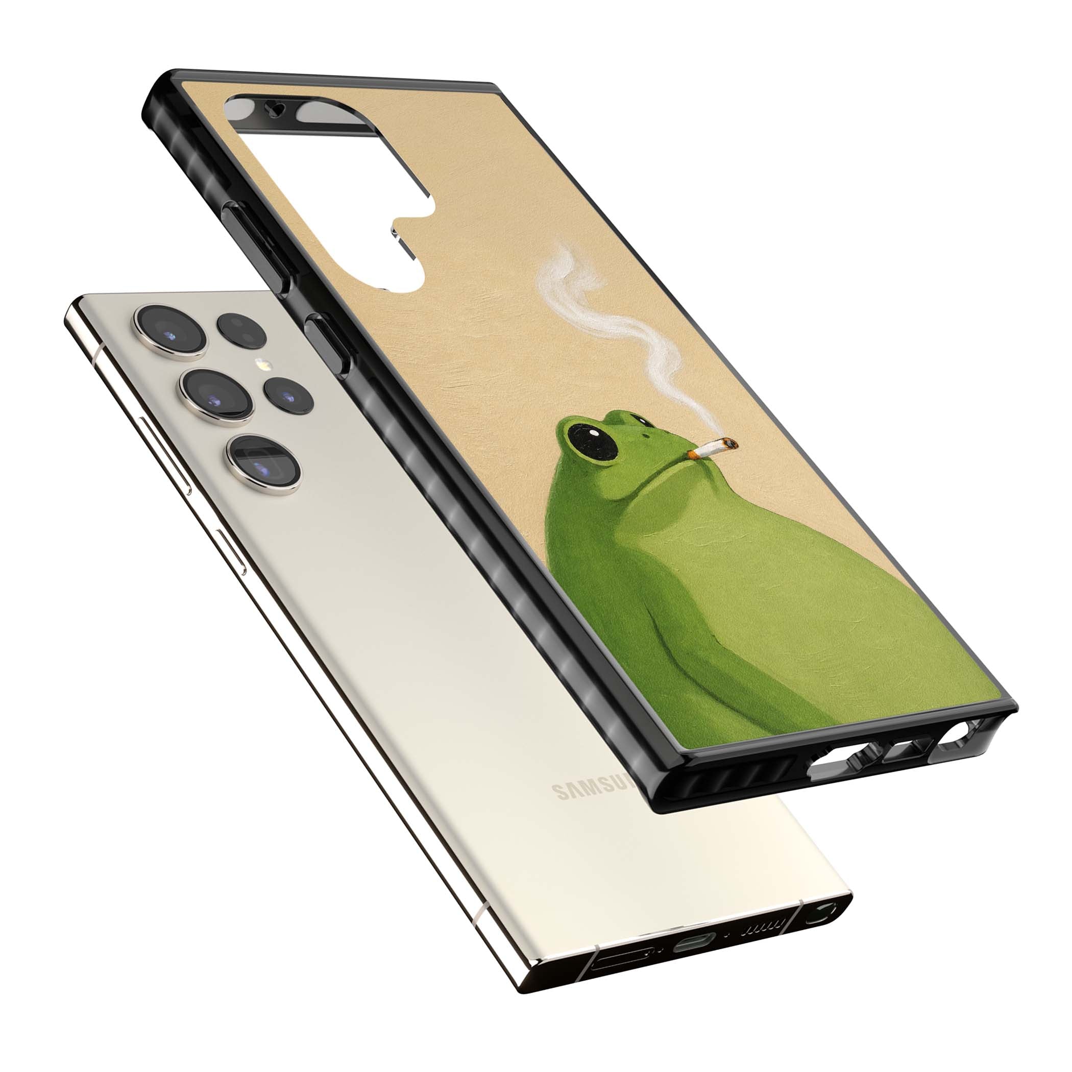 The Smoking Frog cottagecore iPhone case featuring a hand-painted green frog smoking a cigarette on a cream oil painting back | Black Impact case for Samsung Galaxy S24 Ultra, Samsung Galaxy S23 Ultra, Samsung Galaxy S22 Ultra