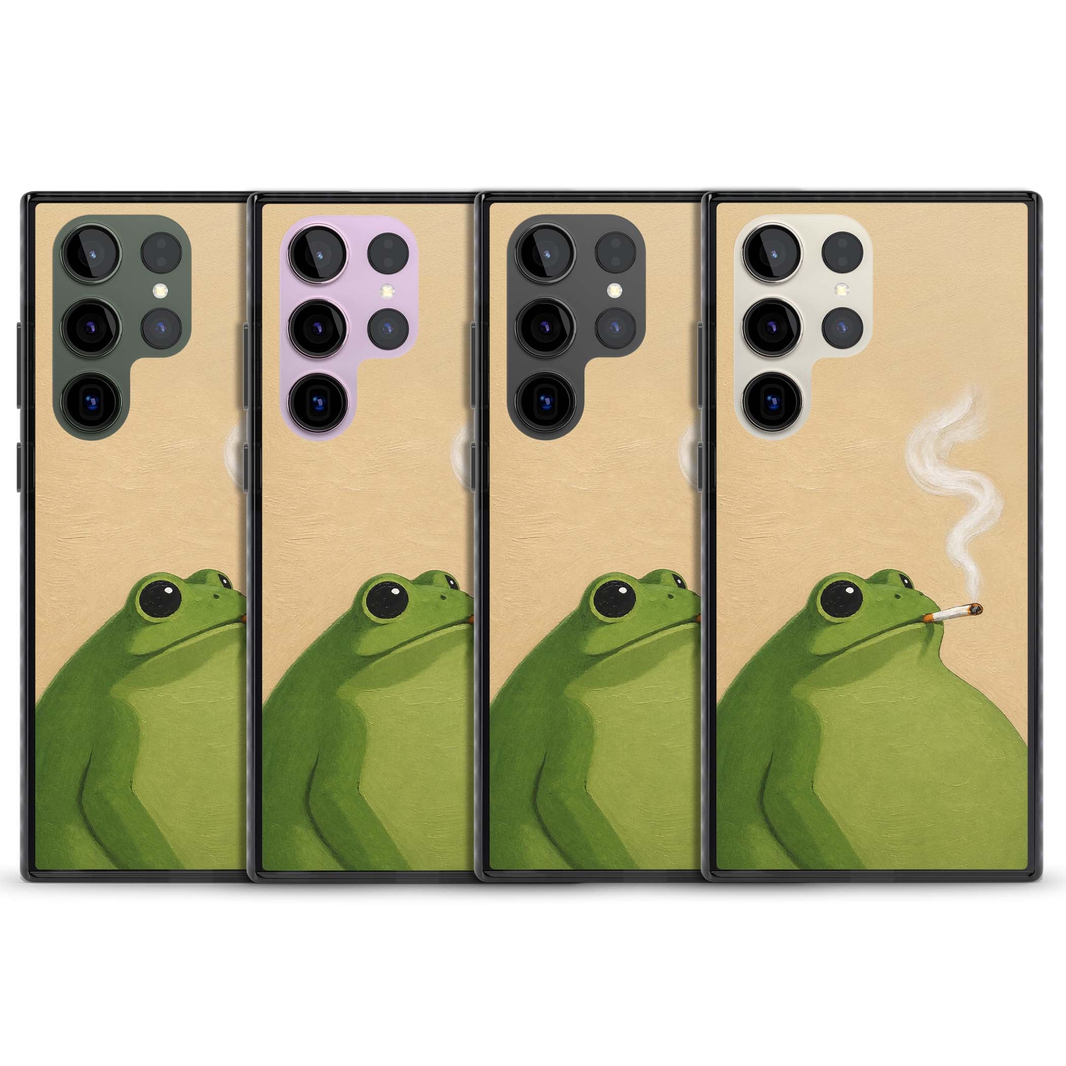 The Smoking Frog cottagecore iPhone case featuring a hand-painted green frog smoking a cigarette on a cream oil painting back | Black Impact case for Samsung Galaxy S24 Ultra, Samsung Galaxy S23 Ultra, Samsung Galaxy S22 Ultra