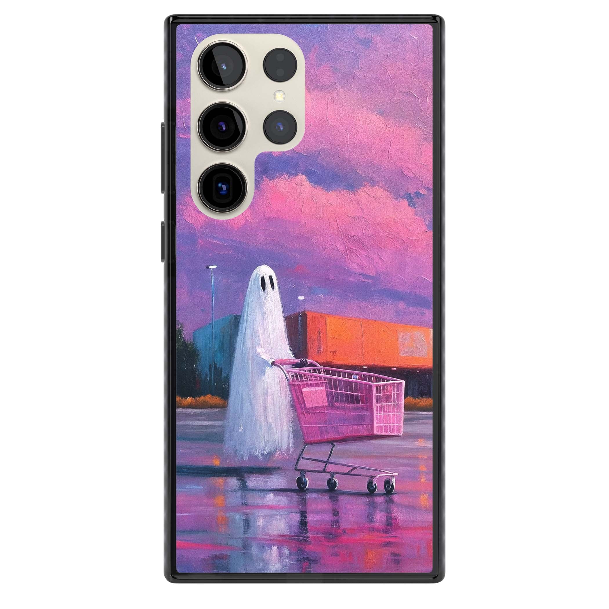 A Ghost's Errand ghost halloween iPhone case featuring a painted ghost, pink shopping trolley and purple sunset sky | Black Impact case for Samsung Galaxy S24 Ultra, Samsung Galaxy S23 Ultra, Samsung Galaxy S22 Ultra