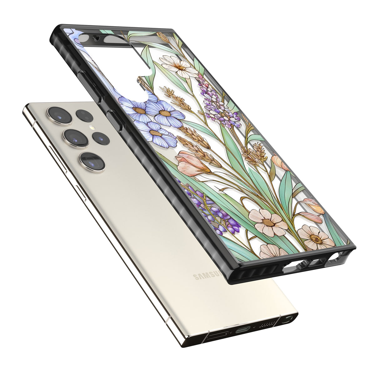 Glass Lavenders & Daisies Samsung S22 Ultra / Samsung S23 Ultra / Samsung S24 Ultra Impact Black Phone Case angled