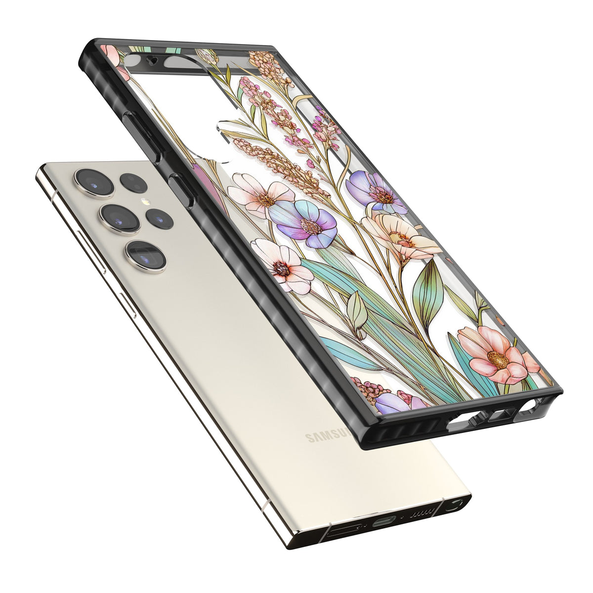 Glass Summer Flowers Samsung S22 Ultra / Samsung S23 Ultra / Samsung S24 Ultra Impact Black Phone Case angled