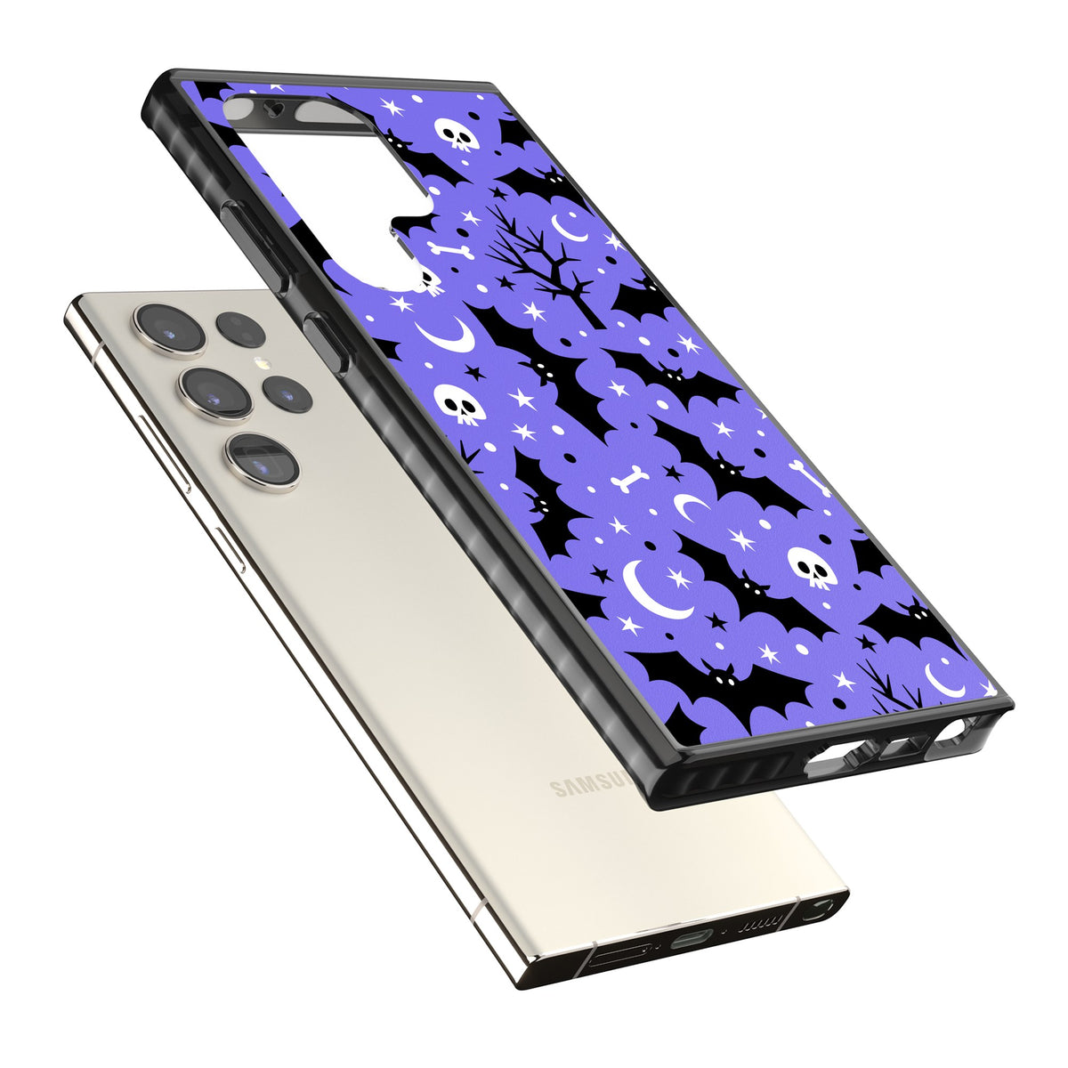 Bats N' Bones Pattern Samsung S22 Ultra / Samsung S23 Ultra / Samsung S24 Ultra Impact Black Phone Case angled