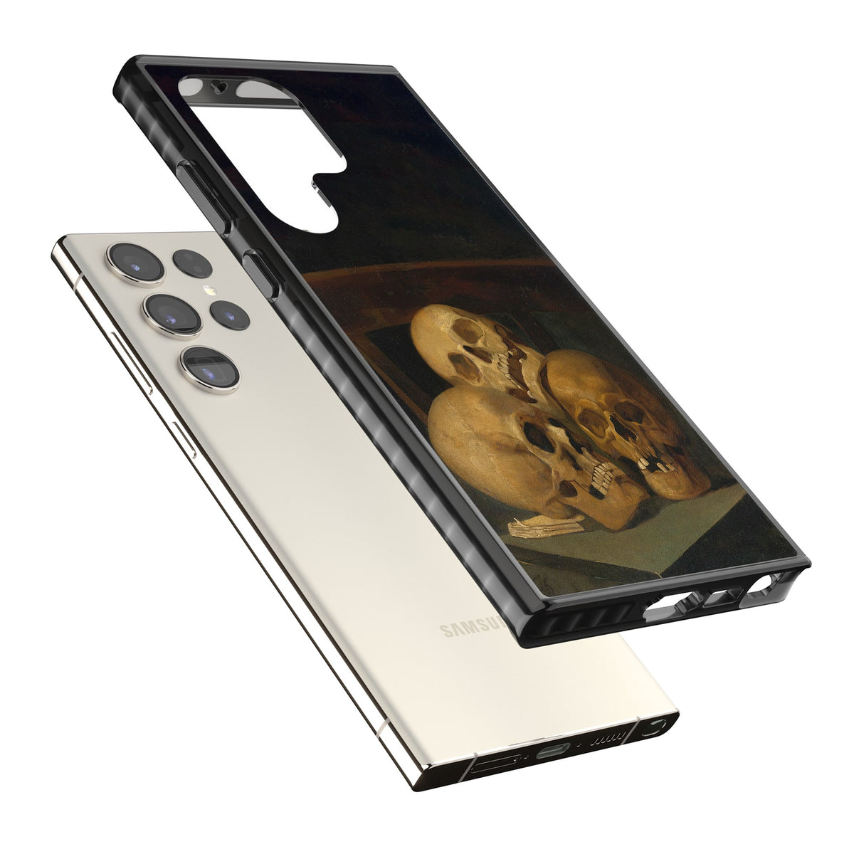 Still Life Of Three Skulls Samsung S22 Ultra / Samsung S23 Ultra / Samsung S24 Ultra Impact Black Phone Case angled