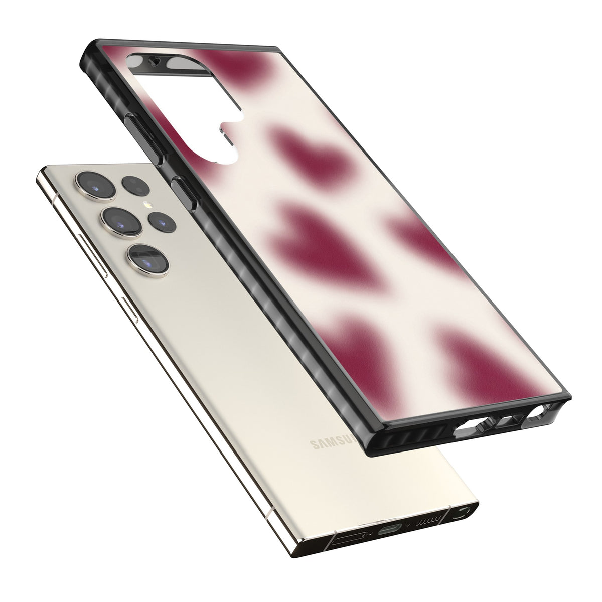 Velvet Hearts coquette iPhone case featuring blurry burgundy aura hearts on a soft cream background Samsung S22 Ultra / Samsung S23 Ultra / Samsung S24 Ultra Impact Black Phone Case angled