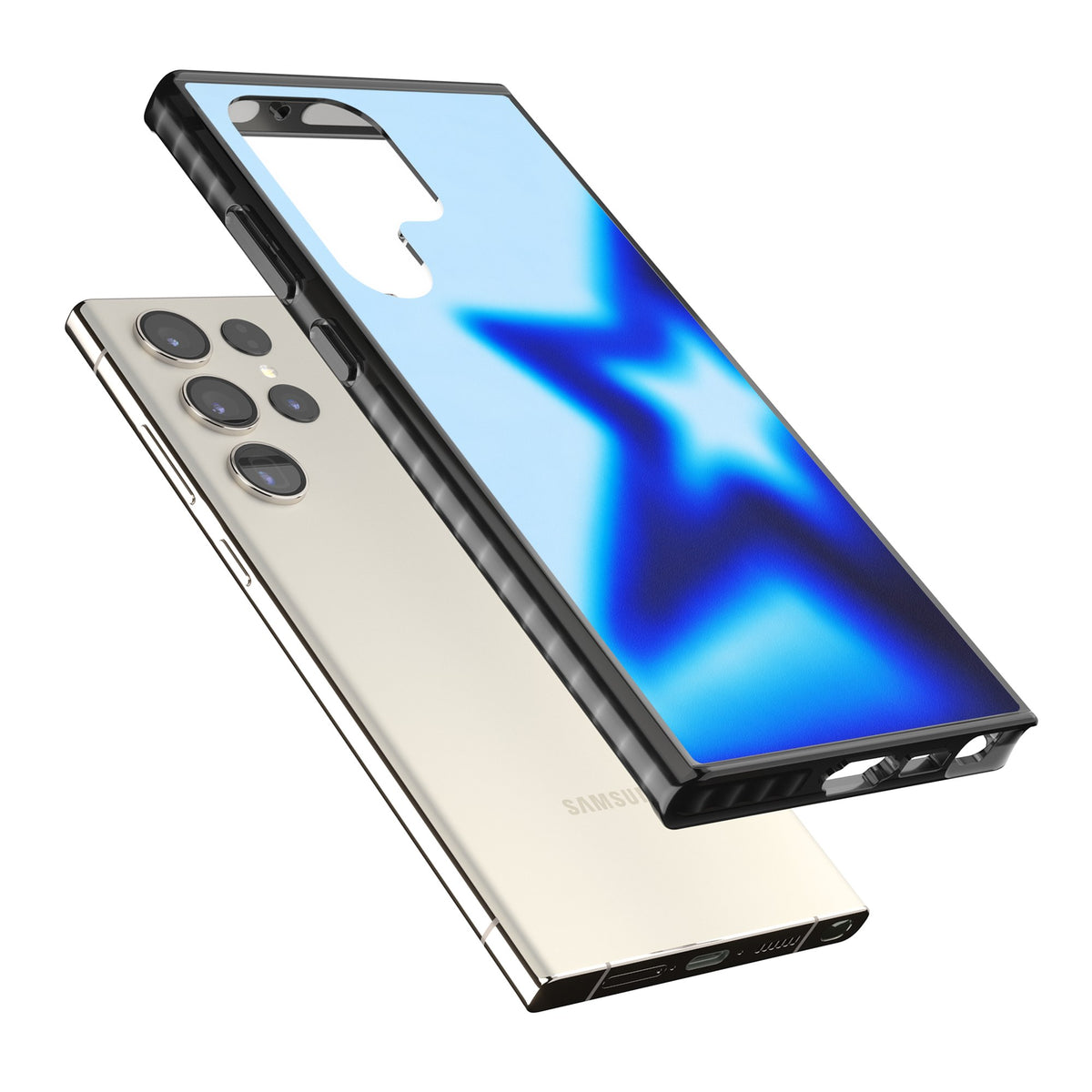Electric Y2K iPhone case featuring a blurred blue aura star, deep cobalt glow and soft sky-blue gradient Samsung S22 Ultra / Samsung S23 Ultra / Samsung S24 Ultra Impact Black Phone Case angled