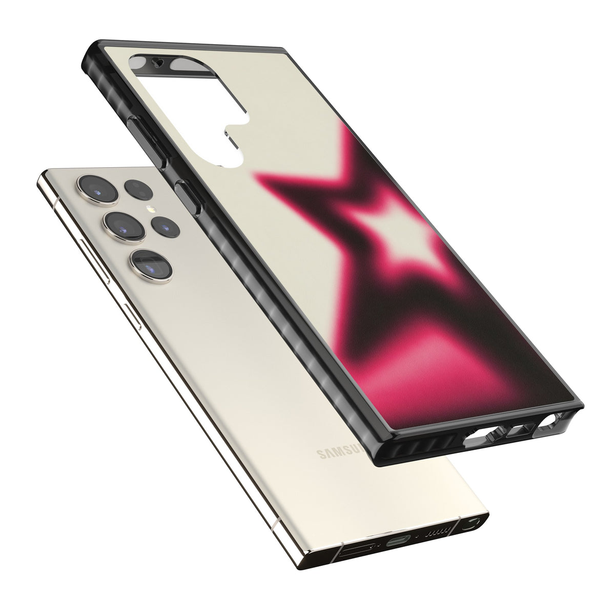 Rouge Y2K iPhone case featuring a blurred aura star in hot pink and black on a soft cream background Samsung S22 Ultra / Samsung S23 Ultra / Samsung S24 Ultra Impact Black Phone Case angled