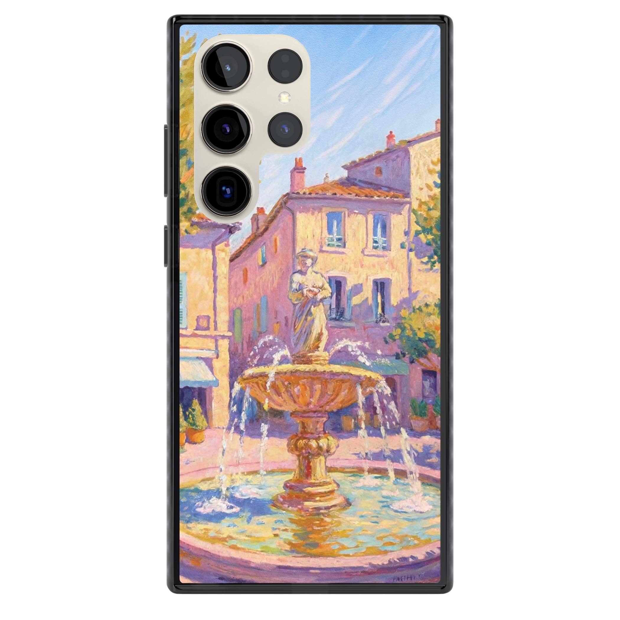 Fountain Square fine art iPhone case featuring an impressionist Provençal fountain, pastel village buildings and summe | Black Impact case for Samsung Galaxy S24 Ultra, Samsung Galaxy S23 Ultra, Samsung Galaxy S22 Ultra