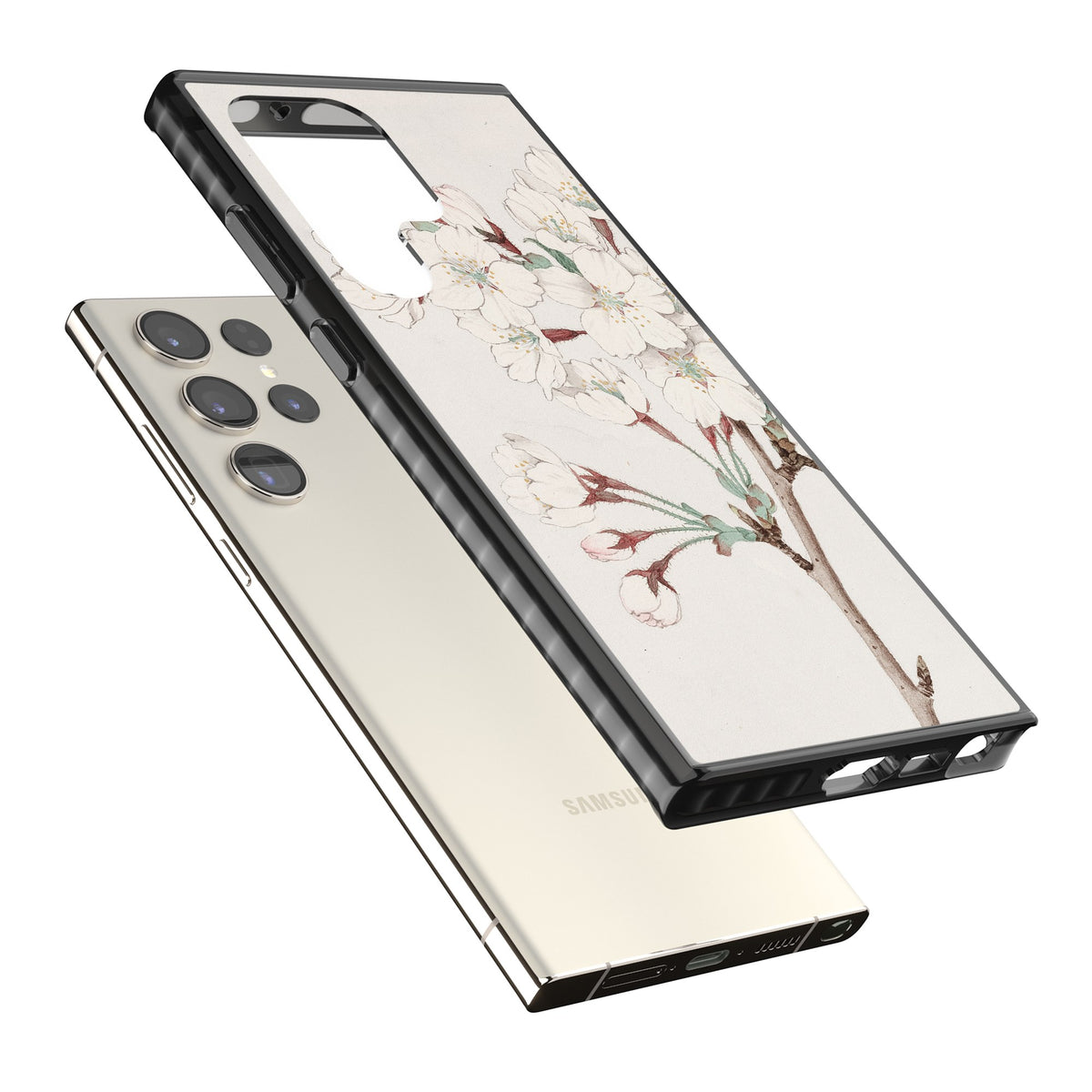 Vintage Japanese White Blossoms Samsung S22 Ultra / Samsung S23 Ultra / Samsung S24 Ultra Impact Black Phone Case angled