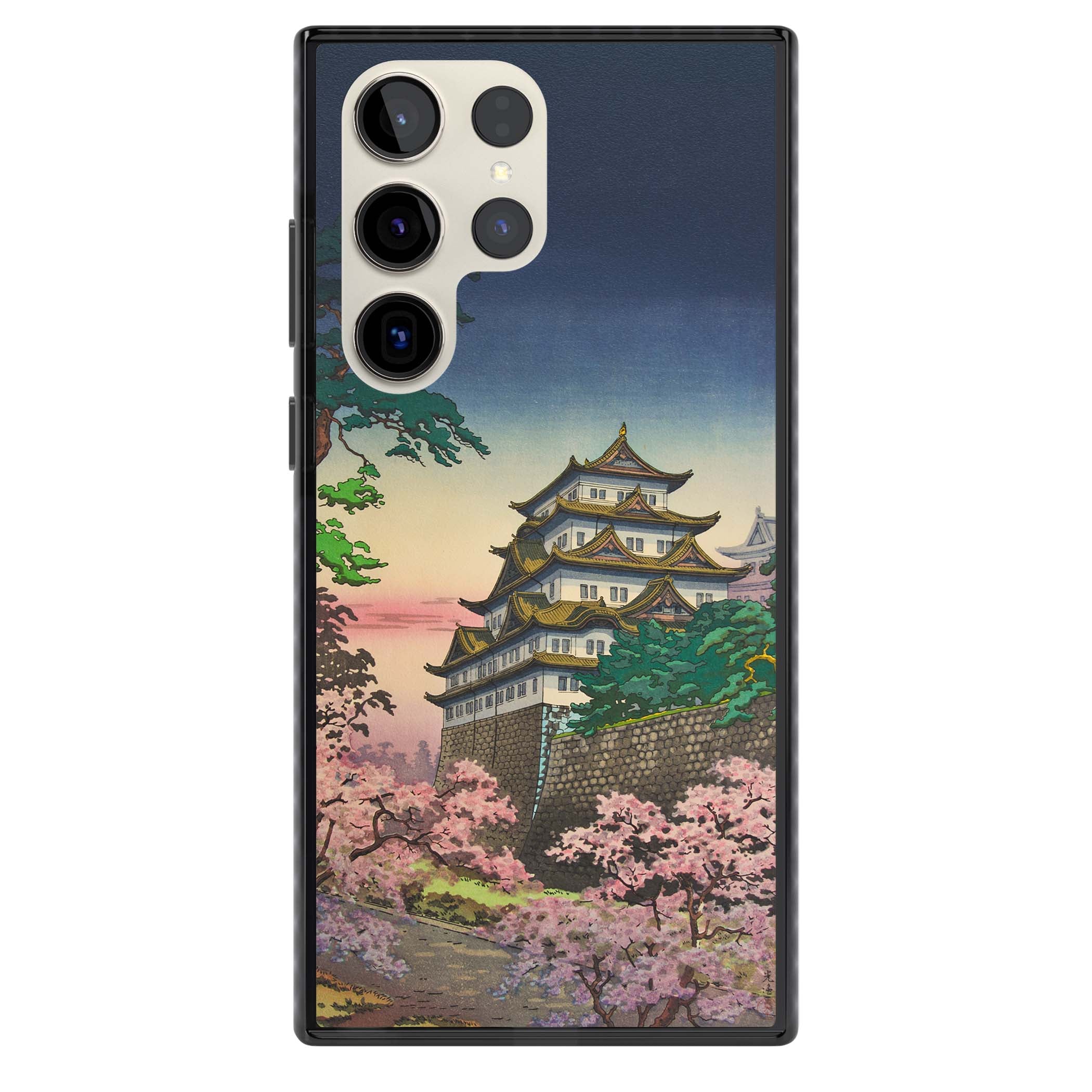 Nagoya Castle Japanese iPhone case featuring a vintage pagoda, twilight sky and cherry blossom trees | Black Impact case for Samsung Galaxy S24 Ultra, Samsung Galaxy S23 Ultra, Samsung Galaxy S22 Ultra