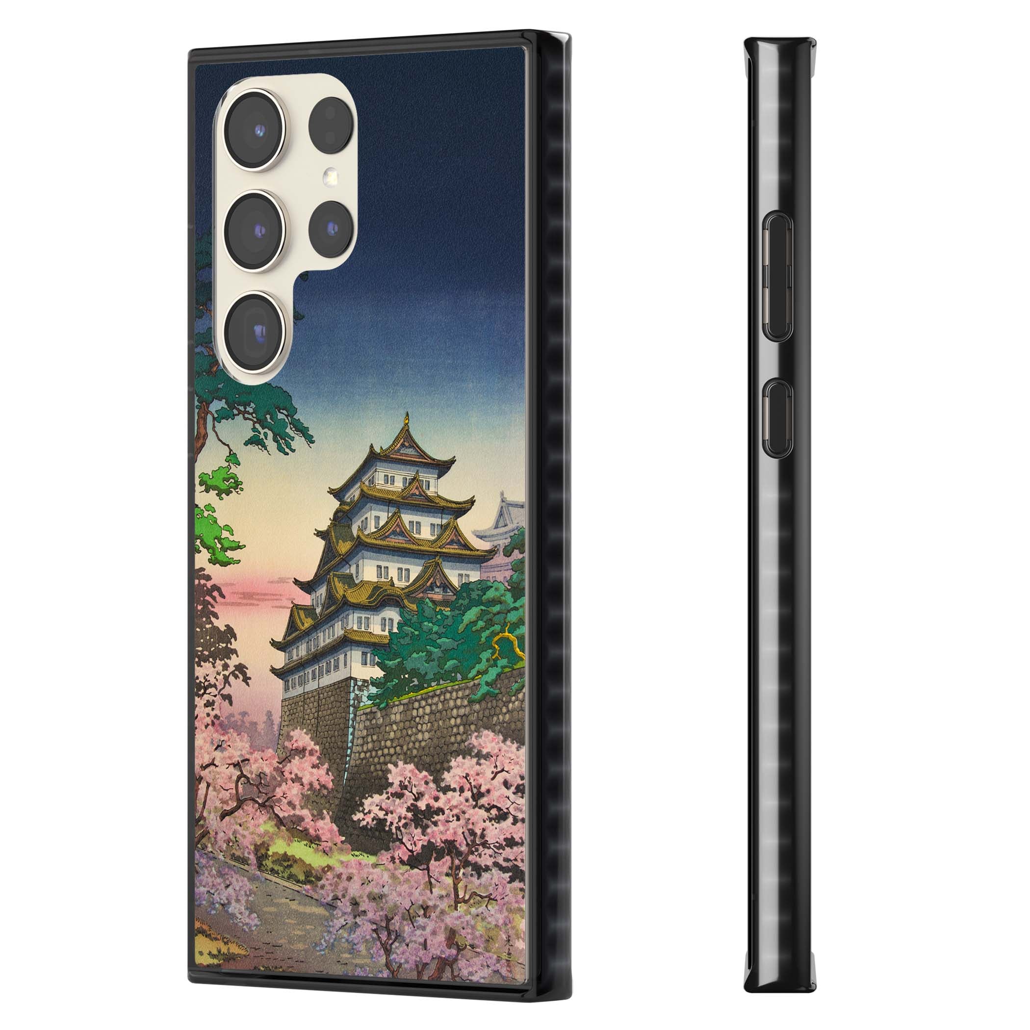 Nagoya Castle Japanese iPhone case featuring a vintage pagoda, twilight sky and cherry blossom trees | Black Impact case for Samsung Galaxy S24 Ultra, Samsung Galaxy S23 Ultra, Samsung Galaxy S22 Ultra