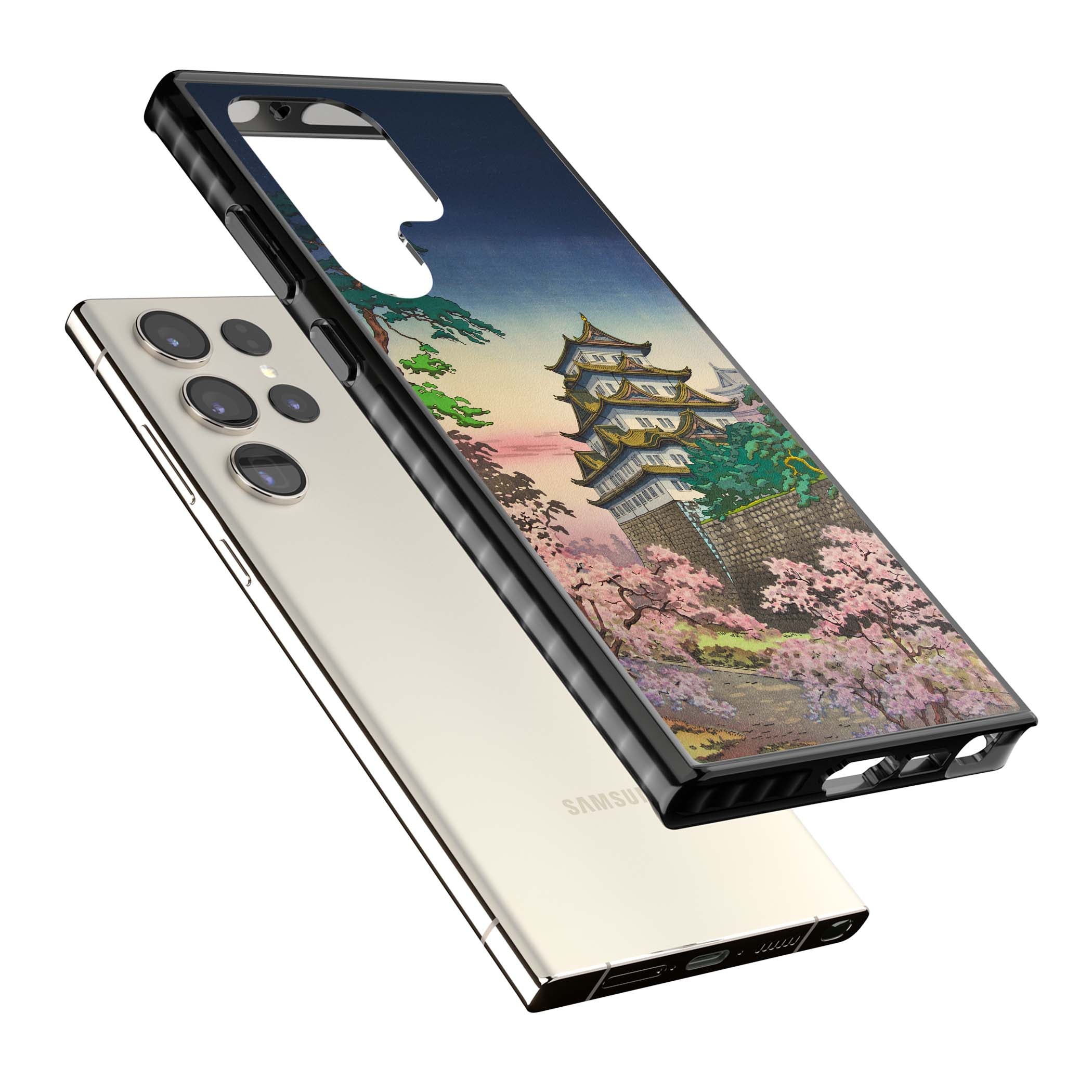 Nagoya Castle Japanese iPhone case featuring a vintage pagoda, twilight sky and cherry blossom trees | Black Impact case for Samsung Galaxy S24 Ultra, Samsung Galaxy S23 Ultra, Samsung Galaxy S22 Ultra