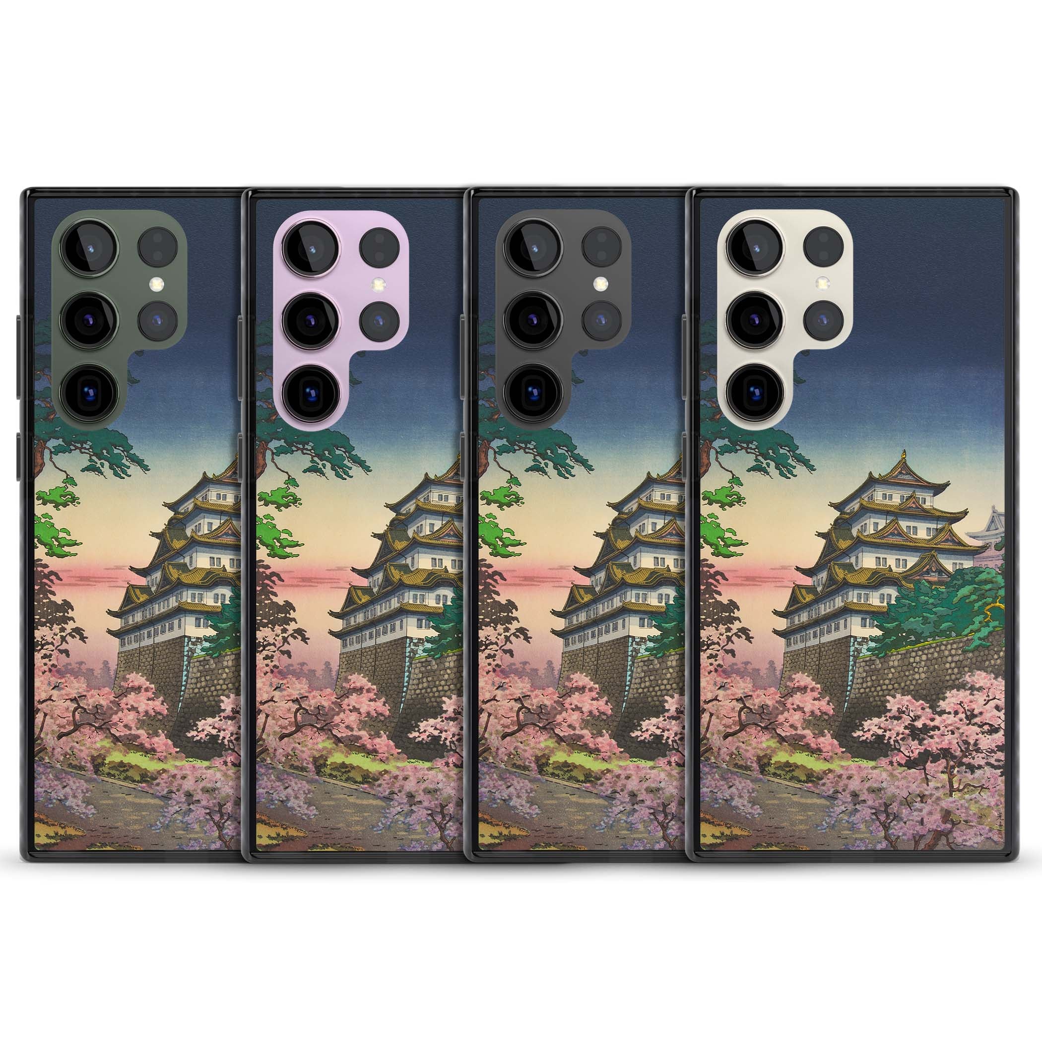 Nagoya Castle Japanese iPhone case featuring a vintage pagoda, twilight sky and cherry blossom trees | Black Impact case for Samsung Galaxy S24 Ultra, Samsung Galaxy S23 Ultra, Samsung Galaxy S22 Ultra