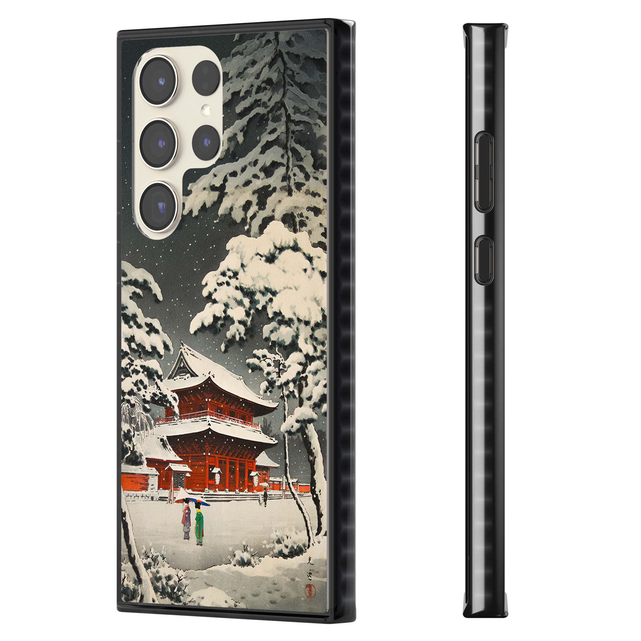 Snow at Shiha Park, Tokyo Japanese art iPhone case featuring a vintage ukiyo-e snowy temple, red pagoda, and snow-covered pin | Black Impact case for Samsung Galaxy S24 Ultra, Samsung Galaxy S23 Ultra, Samsung Galaxy S22 Ultra