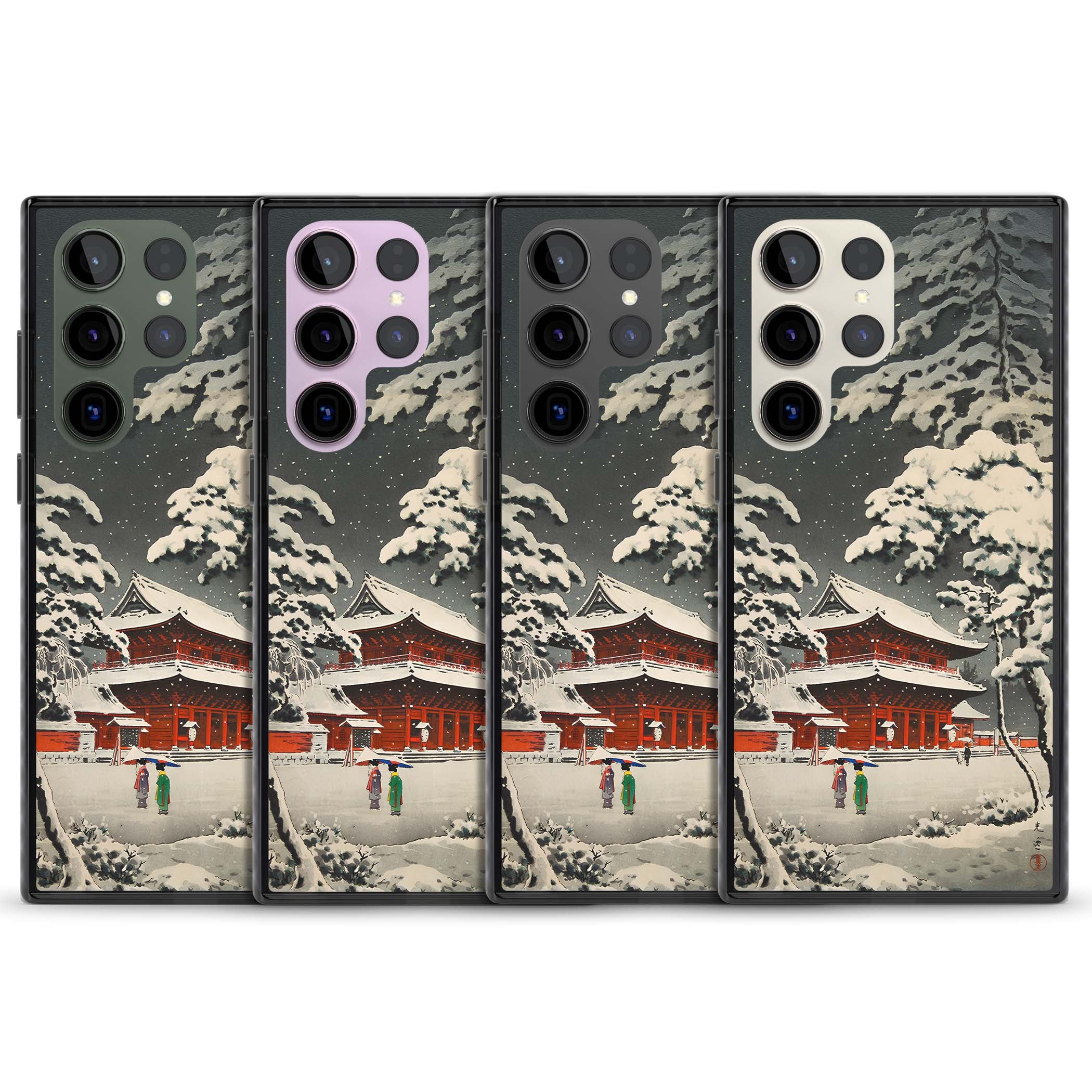 Snow at Shiha Park, Tokyo Japanese art iPhone case featuring a vintage ukiyo-e snowy temple, red pagoda, and snow-covered pin | Black Impact case for Samsung Galaxy S24 Ultra, Samsung Galaxy S23 Ultra, Samsung Galaxy S22 Ultra
