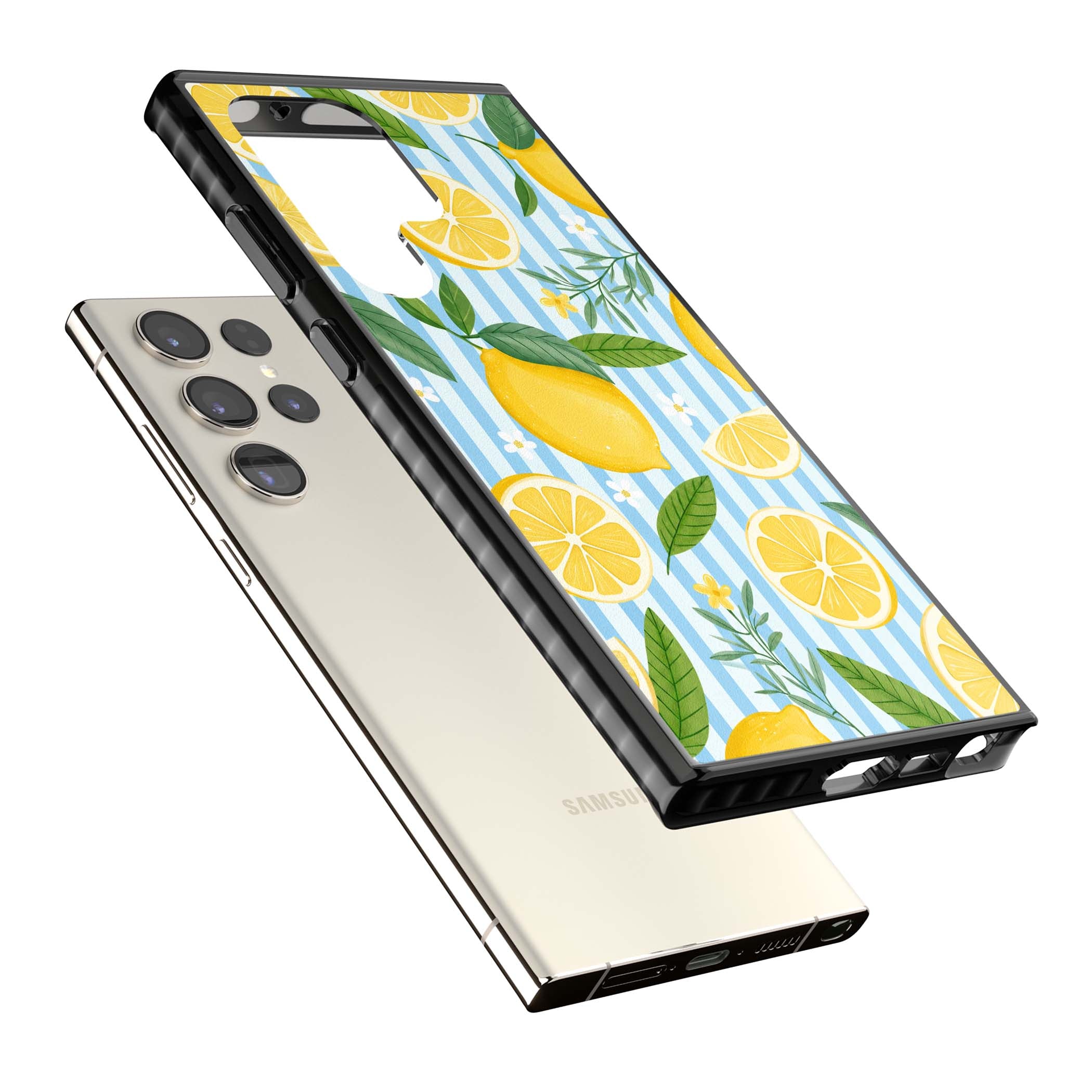 Capri Citrus Stripe coastal iPhone case featuring yellow lemons, blue stripes, and white daisy blossoms | Black Impact case for Samsung Galaxy S24 Ultra, Samsung Galaxy S23 Ultra, Samsung Galaxy S22 Ultra