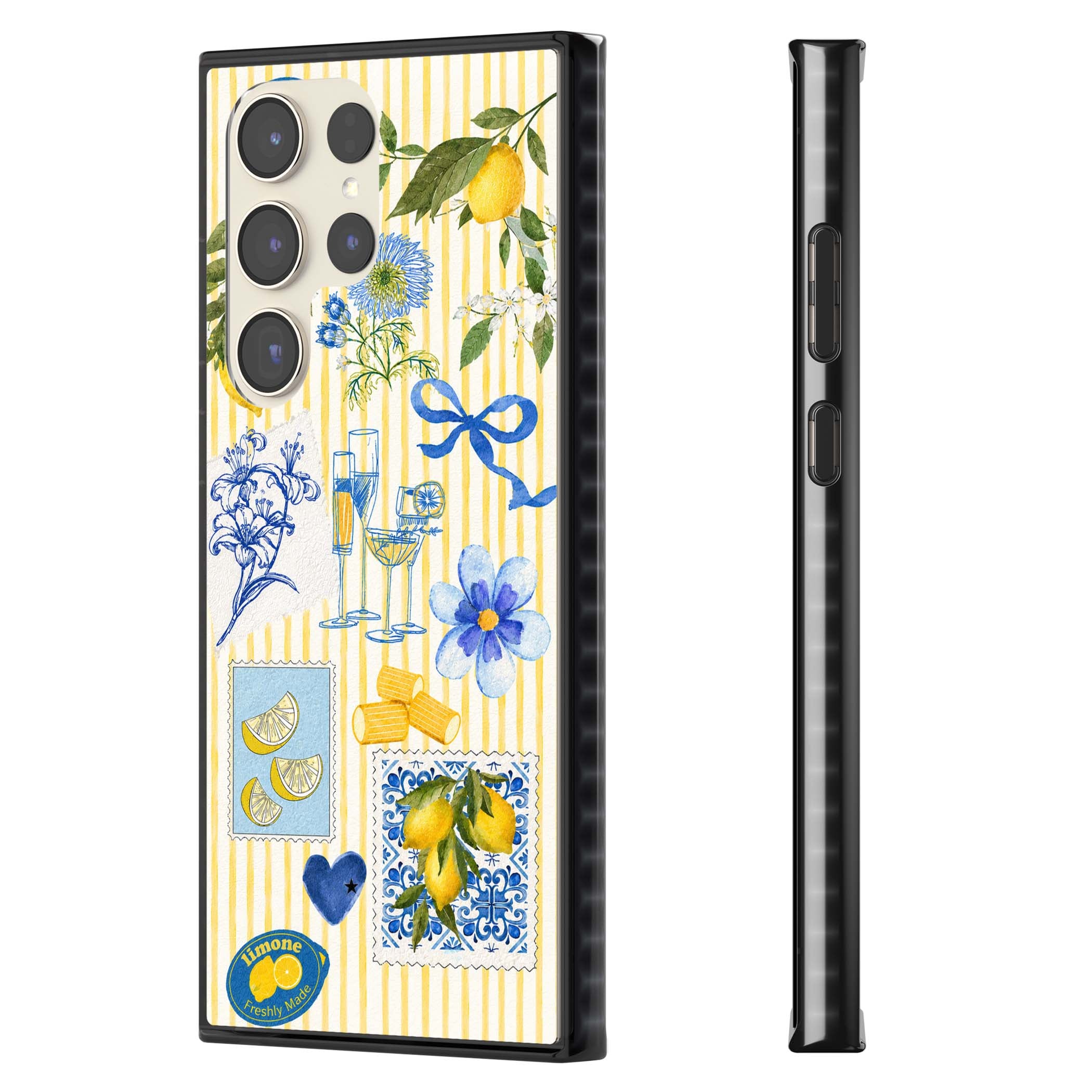 Limone Riviera Italian summer iPhone case featuring watercolour lemons, blue ribbon bows and majolica tile stamps on... | Black Impact case for Samsung Galaxy S24 Ultra, Samsung Galaxy S23 Ultra, Samsung Galaxy S22 Ultra